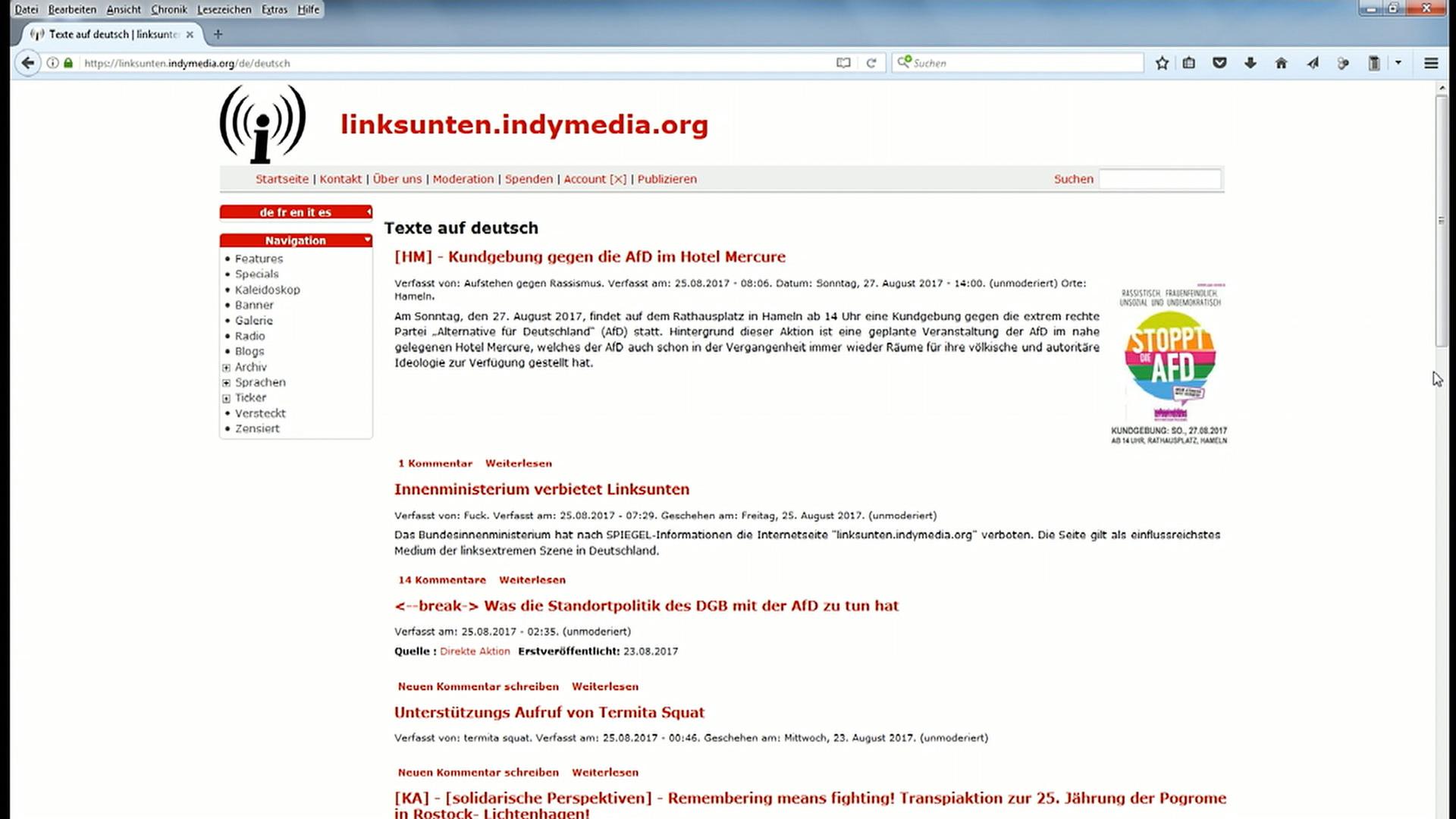 Internetseite einer linksextremen Plattform