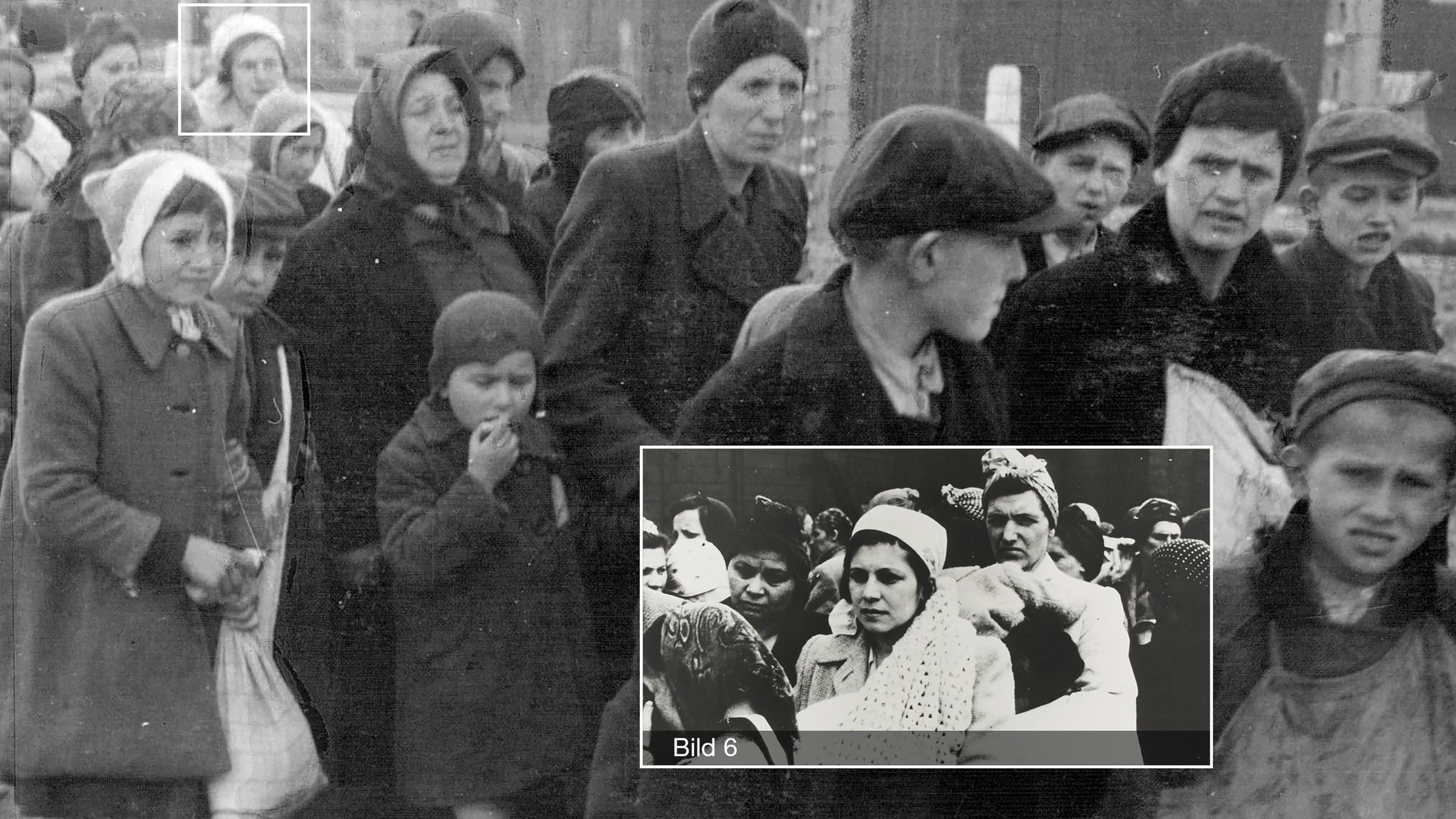 KZ Auschwitz-Birkenau - Hinten mit weißem Kopftuch: Henchu Falkovicz, die noch vor der Selektion auf der Rampe fotografiert wurde.