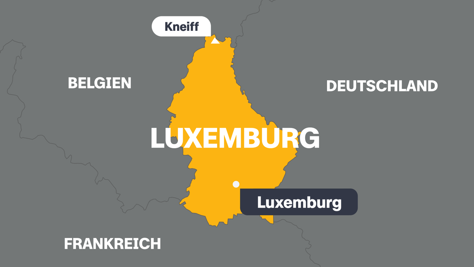 Eine Karte von Luxemburg mit der Hauptstadt Luxemburg, dem höchsten Berg Kneiff und den angrenzenden Ländern.