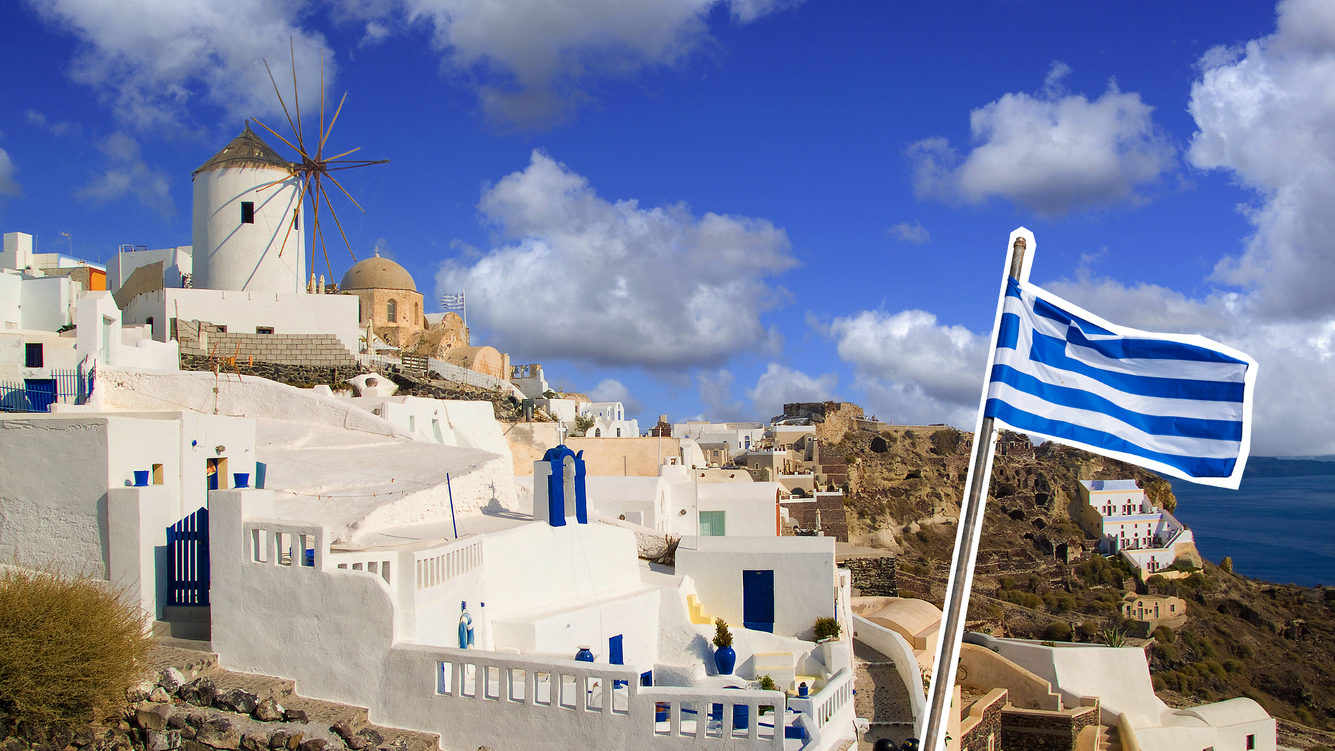 Die Griechische Flagge vor einer Stadtansicht