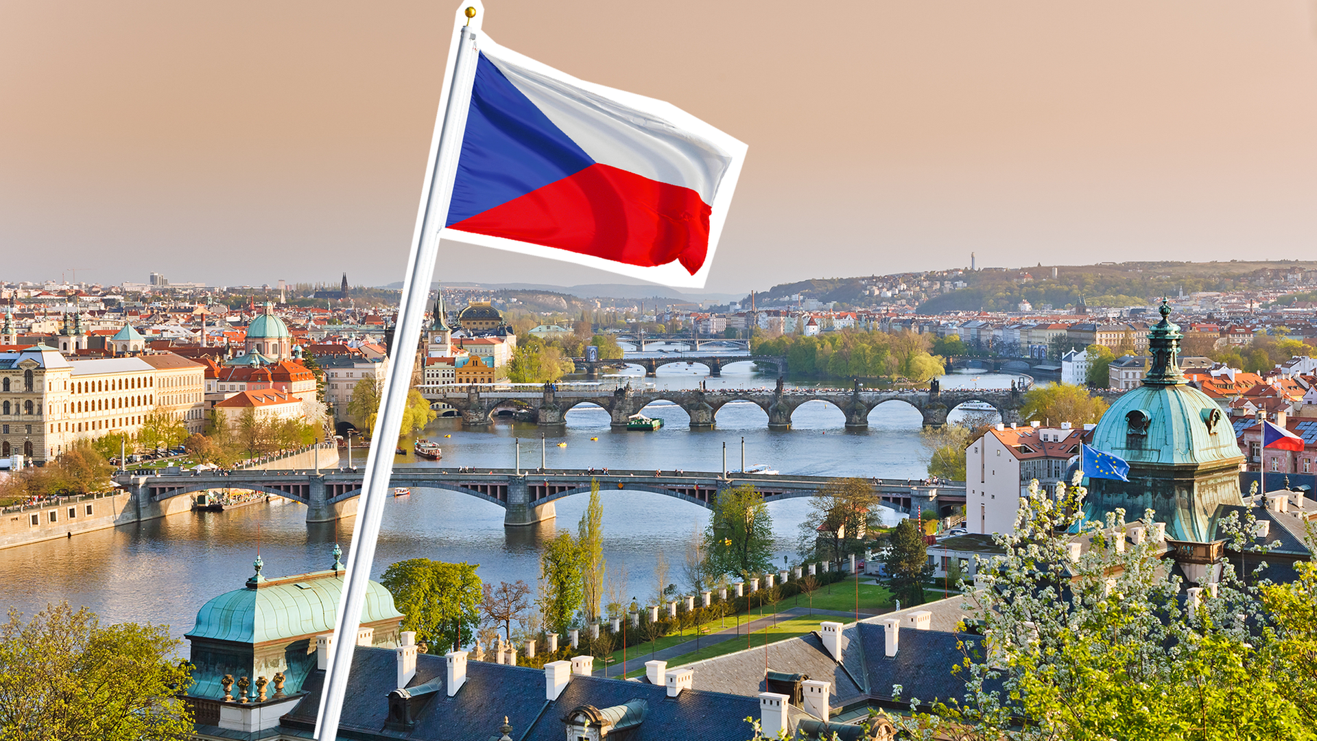 Tschechische Flagge vor einer Stadtansicht