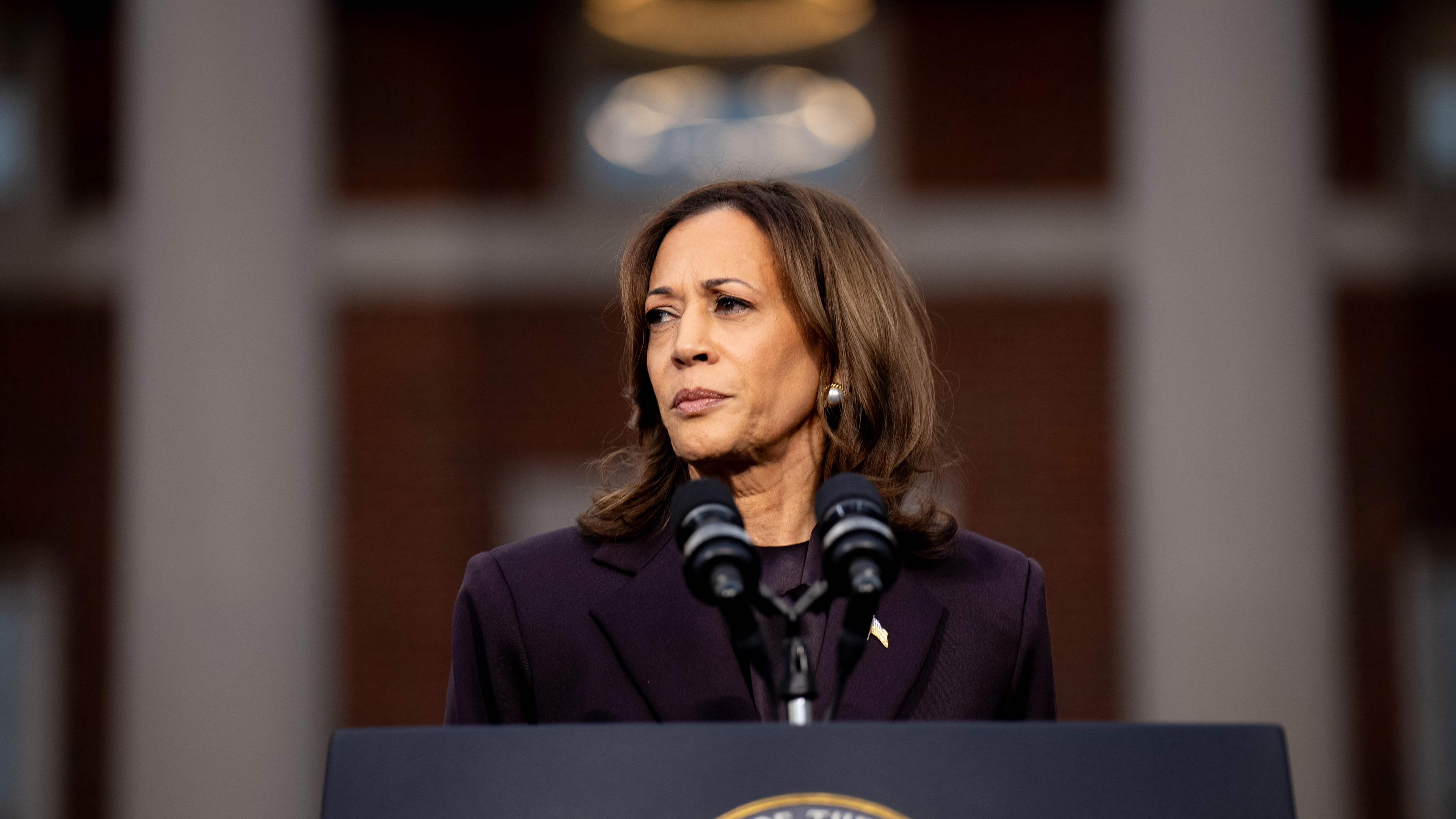 Democratic presidential nominee, U.S. Vice President Kamala Harris pauses while speaking on stage as she concedes the election, at Howard University on November 06, 2024 in Washington, DC. After a contentious campaign focused on key battleground states, the Republican presidential nominee, former U.S. President Donald Trump was projected to secure the majority of electoral votes, giving him a second term as U.S. President. Republicans also secured control of the Senate for the first time in four years.