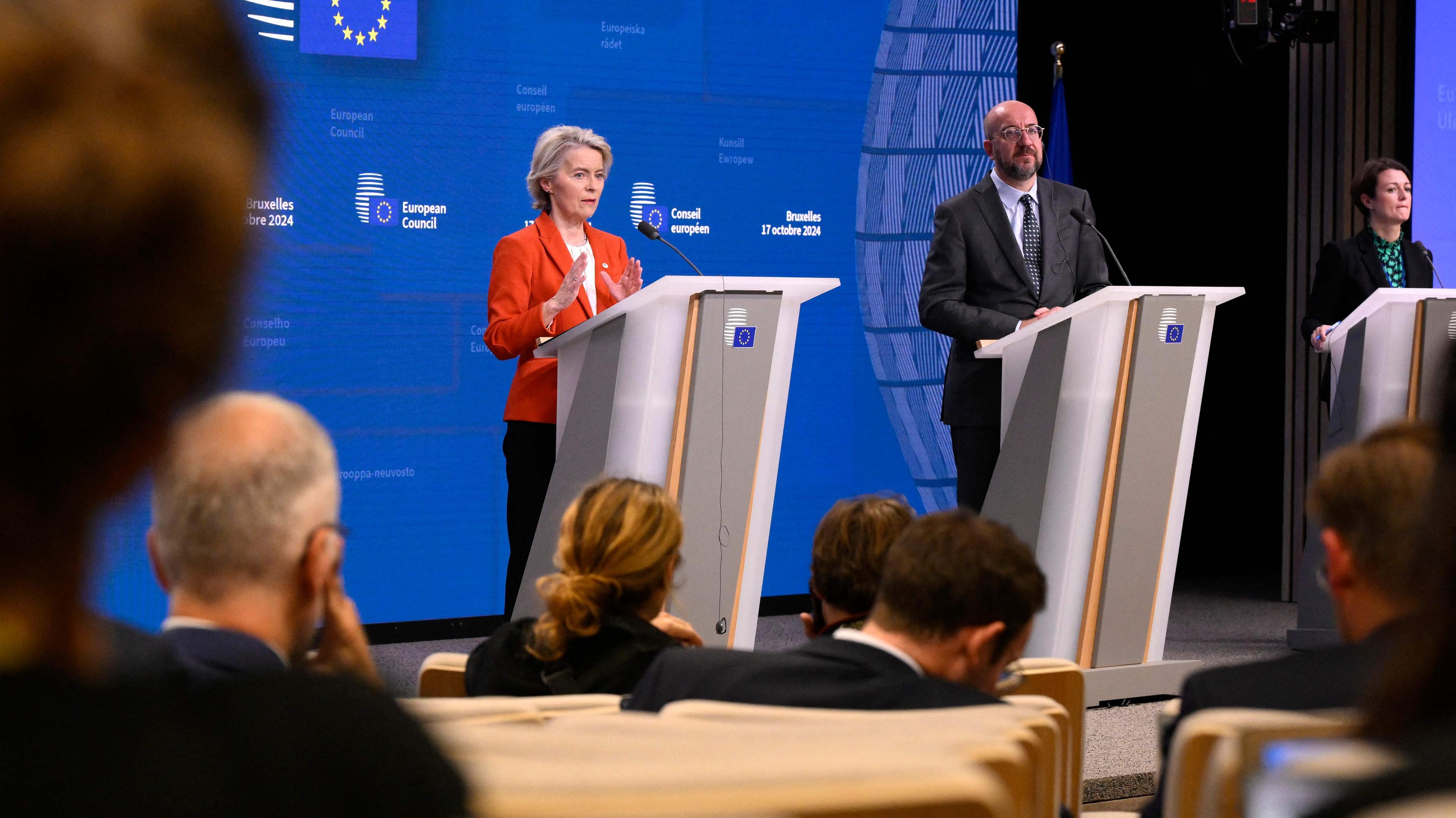 President of the European Commission Ursula von der Leyen (L) and European Council President Charles Michel address a closing press conference after an EU summit in Brussels on October 17, 2024