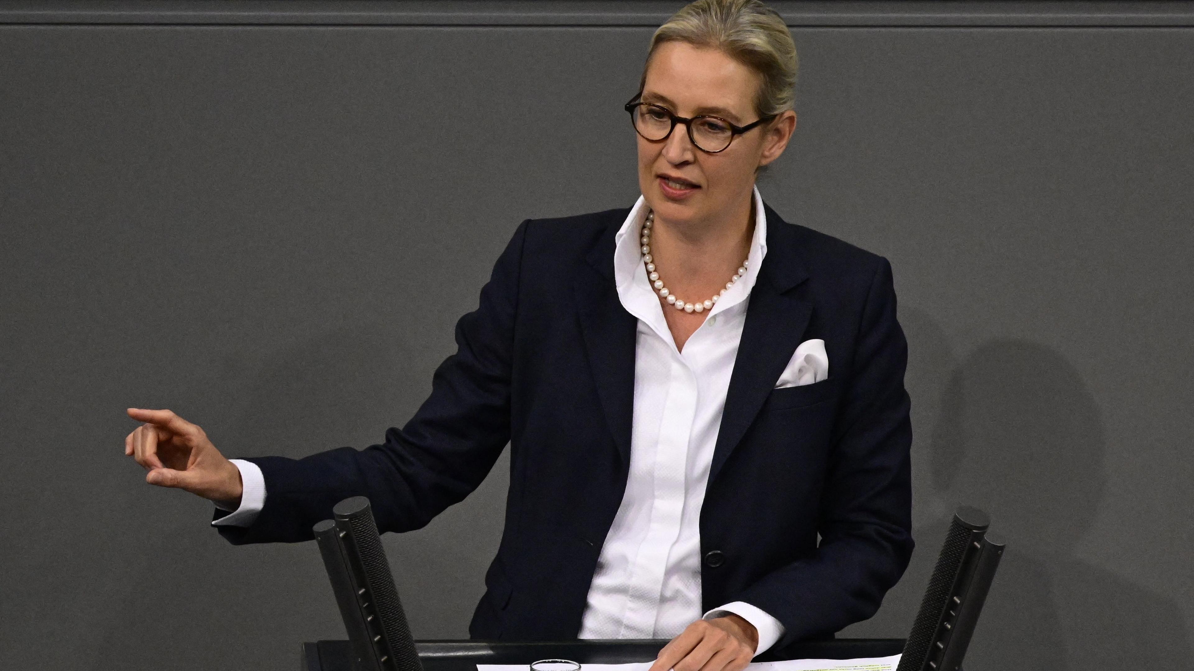 Co-leader of the far-right Alternative for Germany (AfD) party Alice Weidel gives a speech during a session on November 13, 2024 at the Bundestag