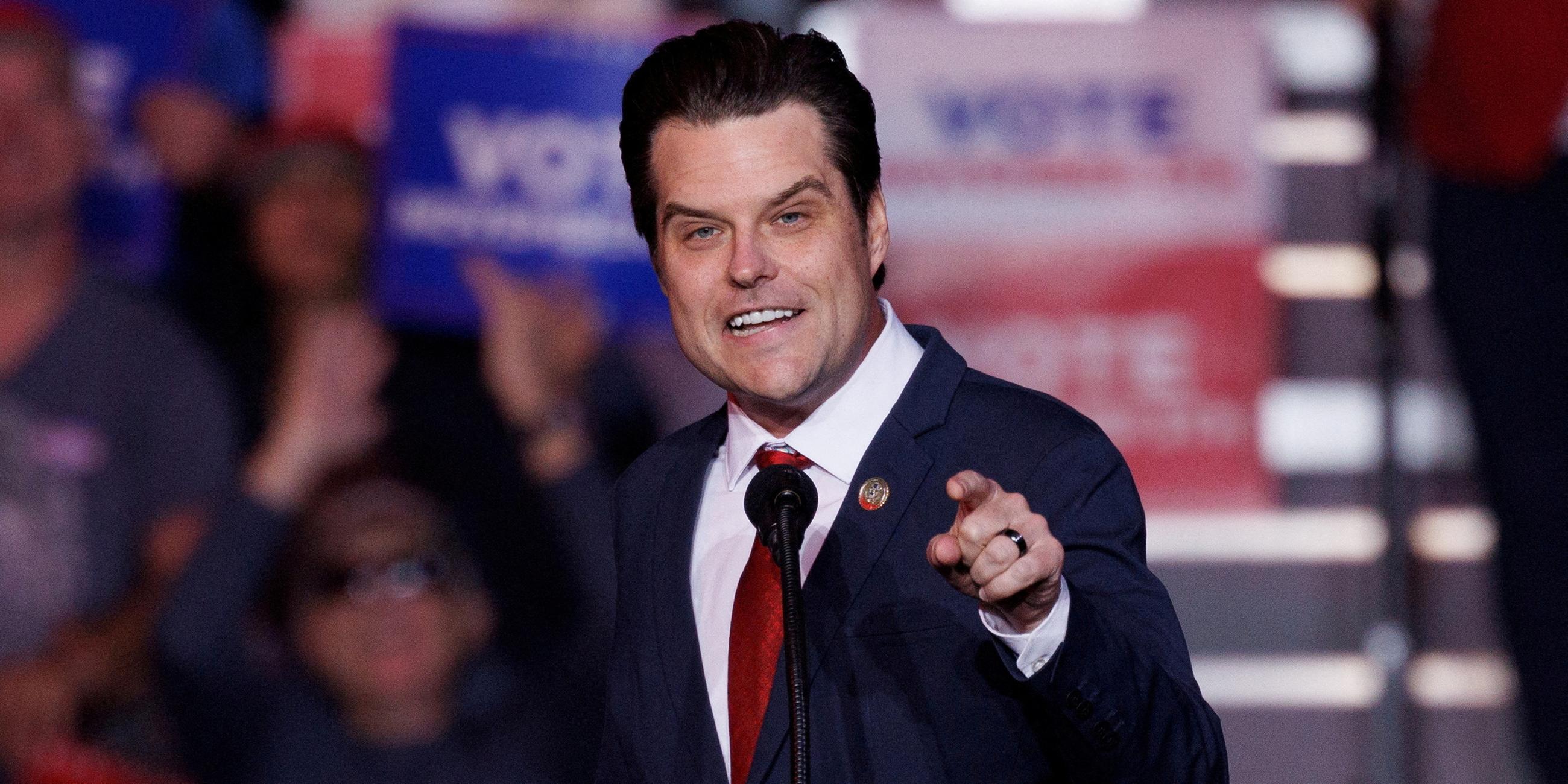 Republican U.S. Representative Matt Gaetz speaks at Trump campaign rally in Henderson