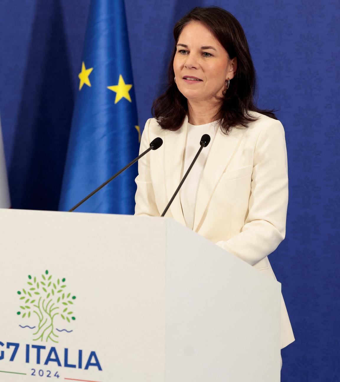 German Foreign Minister Annalena Baerbock speaks to members of the media on the second day of the G7 foreign ministers' meeting in Fiuggi, Italy, November 26, 2024