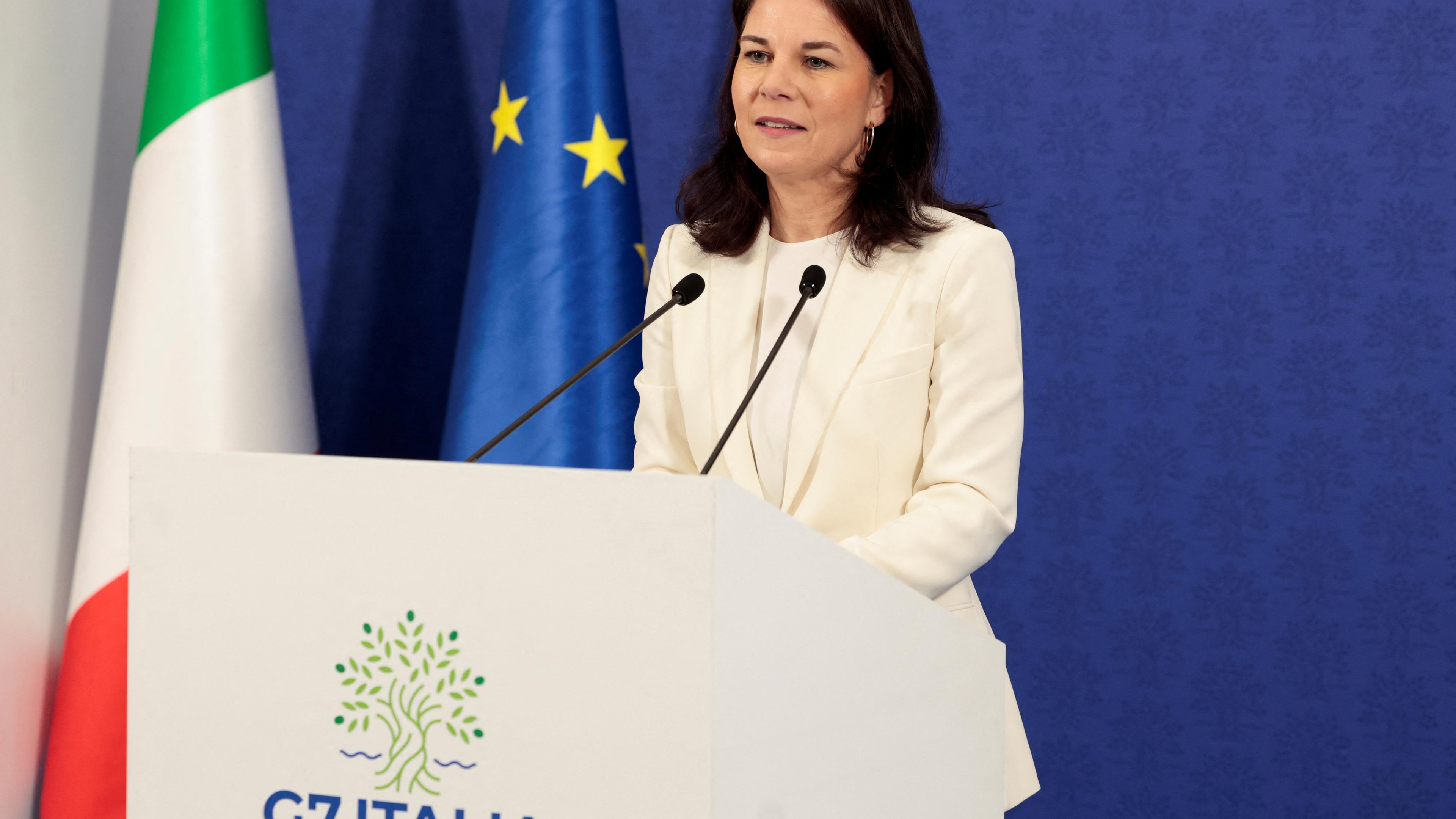 German Foreign Minister Annalena Baerbock speaks to members of the media on the second day of the G7 foreign ministers' meeting in Fiuggi, Italy, November 26, 2024