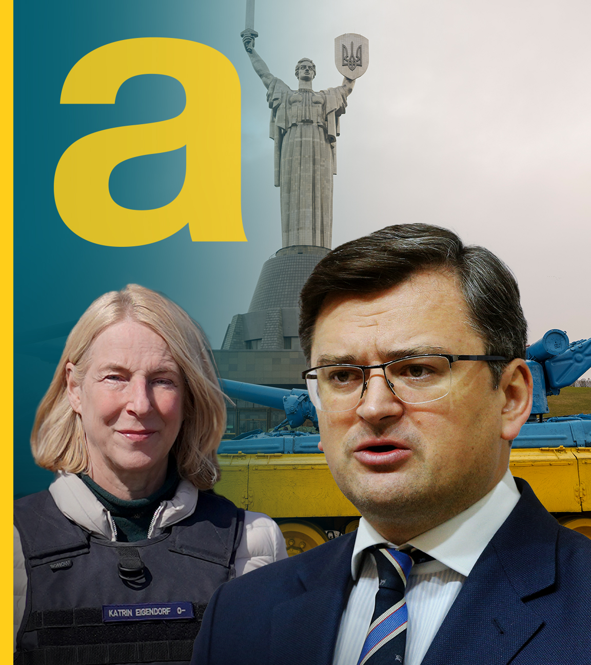 Panzer mit ukranischen Farben im Hintergrund, vorne: Dmytro Kuleba und Katrin Eigendorf