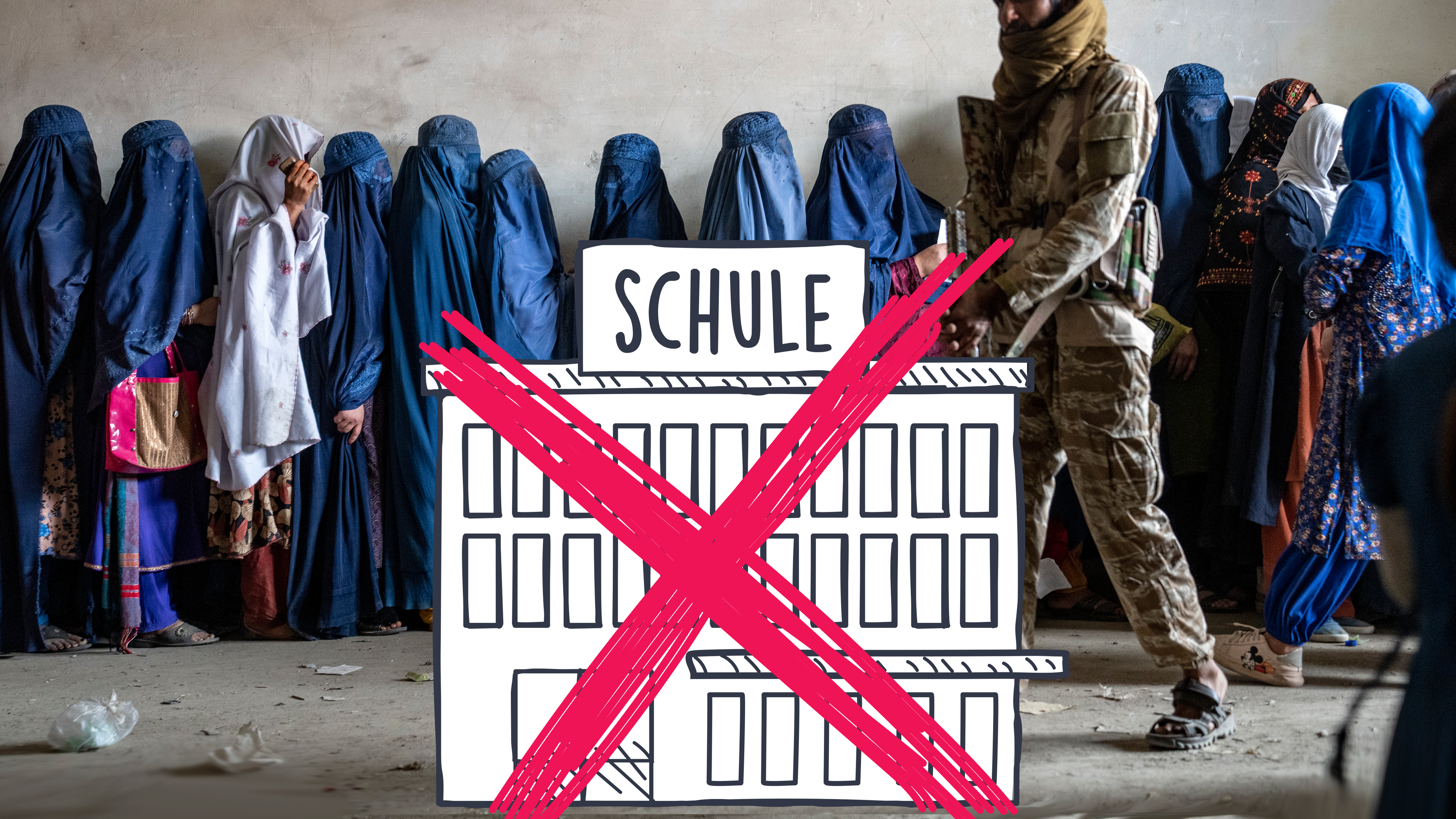 Taliban-Soldat und verschleierte Frauen