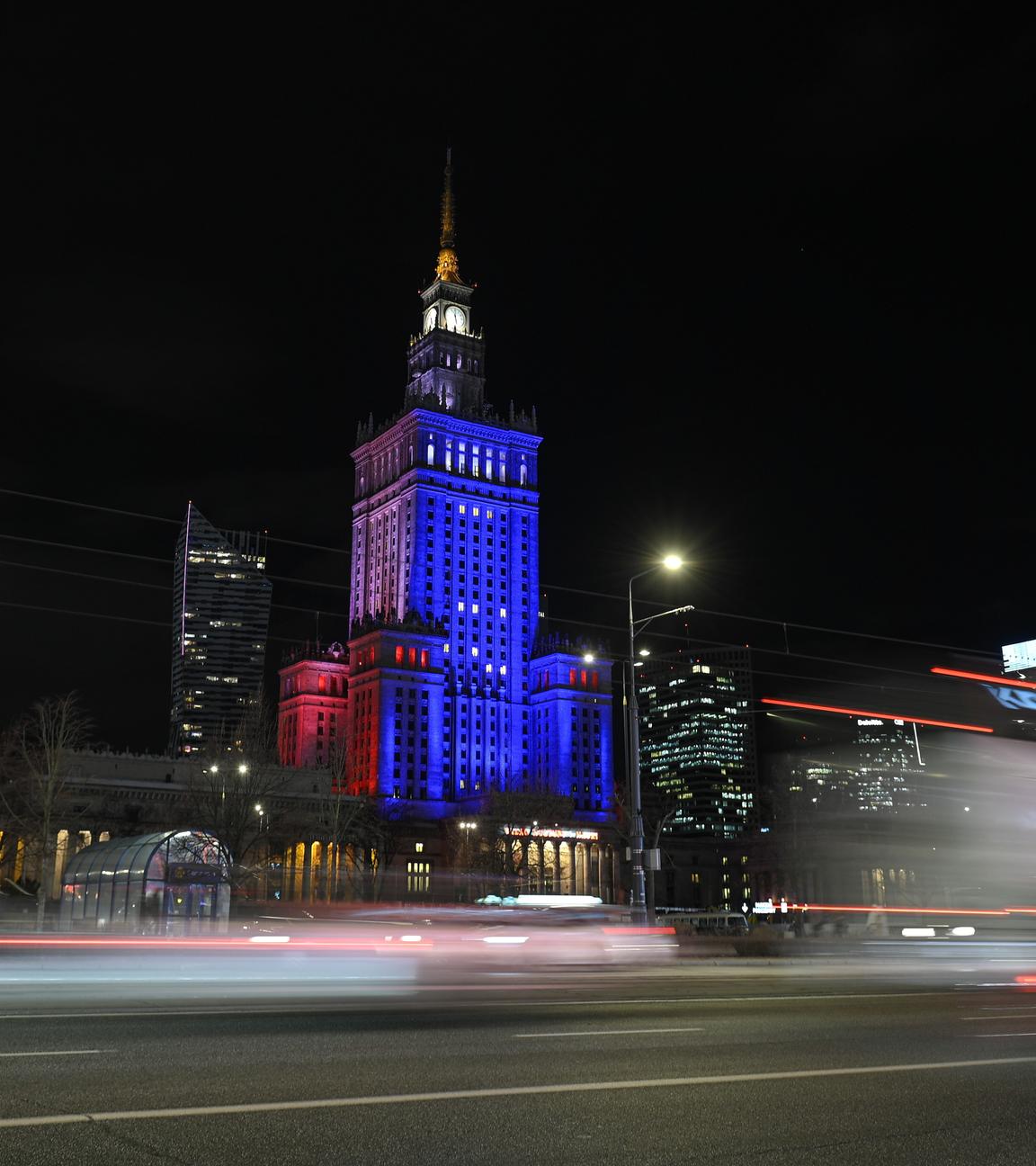 The Palace of Culture and Sience is illuminated in blue color in Warsaw, Poland, 02 January 2025. A gala opening ceremony for the Polish presidency of the Council of the European Union will be held at the capital's Grand Theater - National Opera on 03 January. Poland took over the presidency of the EU Council for six months on 01 January 2025