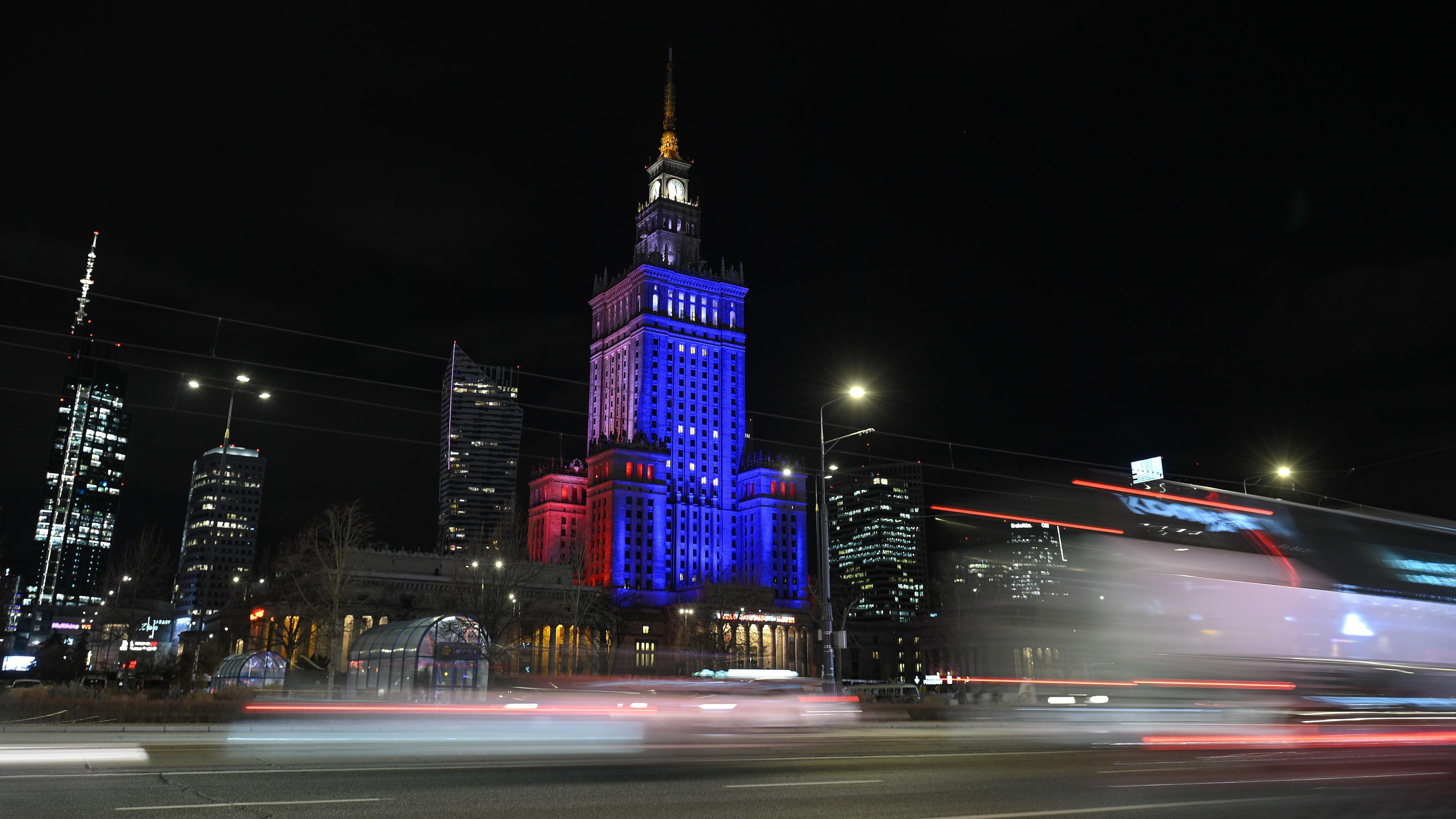 The Palace of Culture and Sience is illuminated in blue color in Warsaw, Poland, 02 January 2025. A gala opening ceremony for the Polish presidency of the Council of the European Union will be held at the capital's Grand Theater - National Opera on 03 January. Poland took over the presidency of the EU Council for six months on 01 January 2025