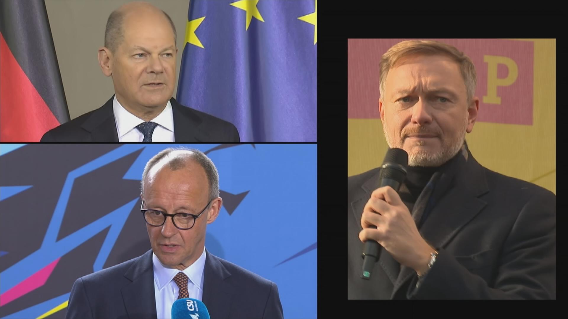 Zu erkennen sind: Friedrich Merz, Olaf Scholz und Christian Lindner