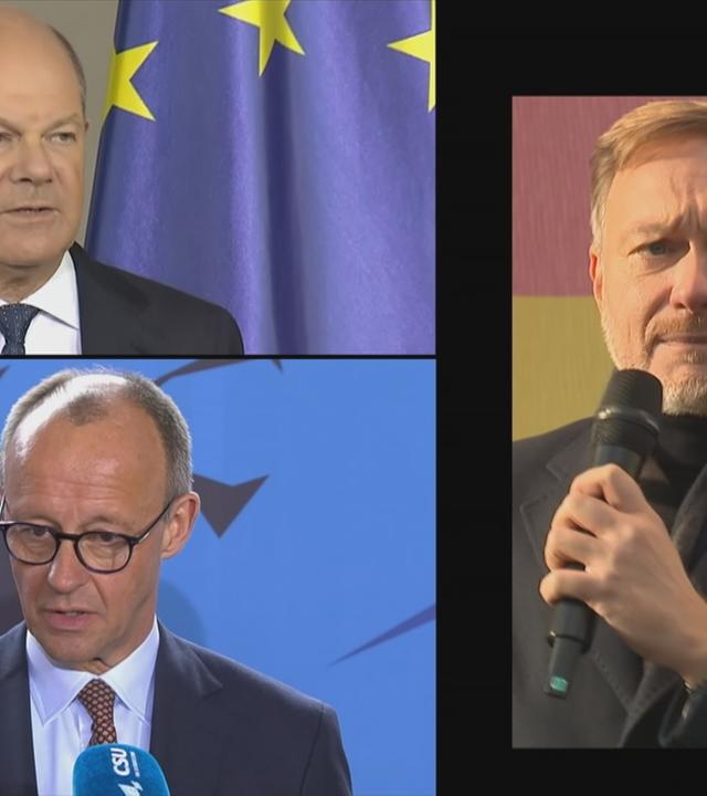 Zu erkennen sind: Friedrich Merz, Olaf Scholz und Christian Lindner