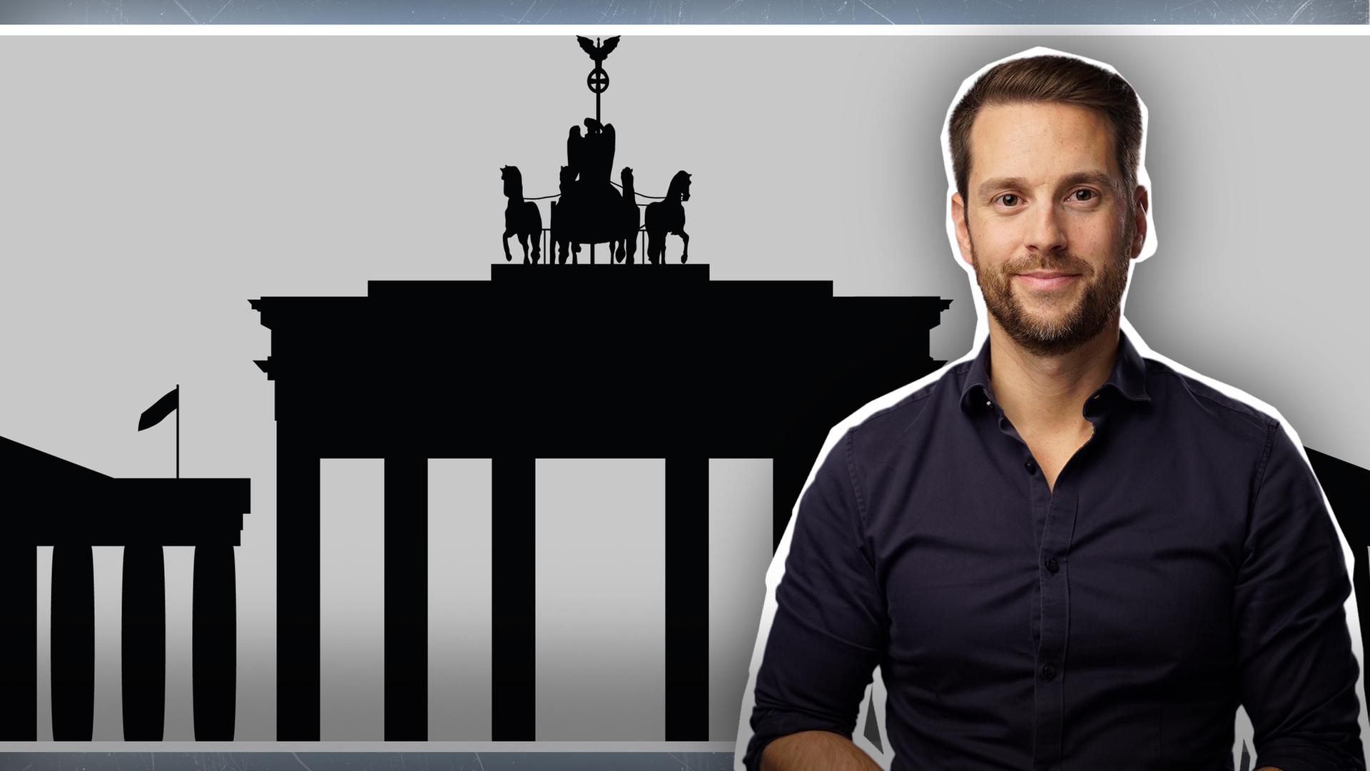 Mirko Drotschmann vor dem Brandenburger Tor (Collage)