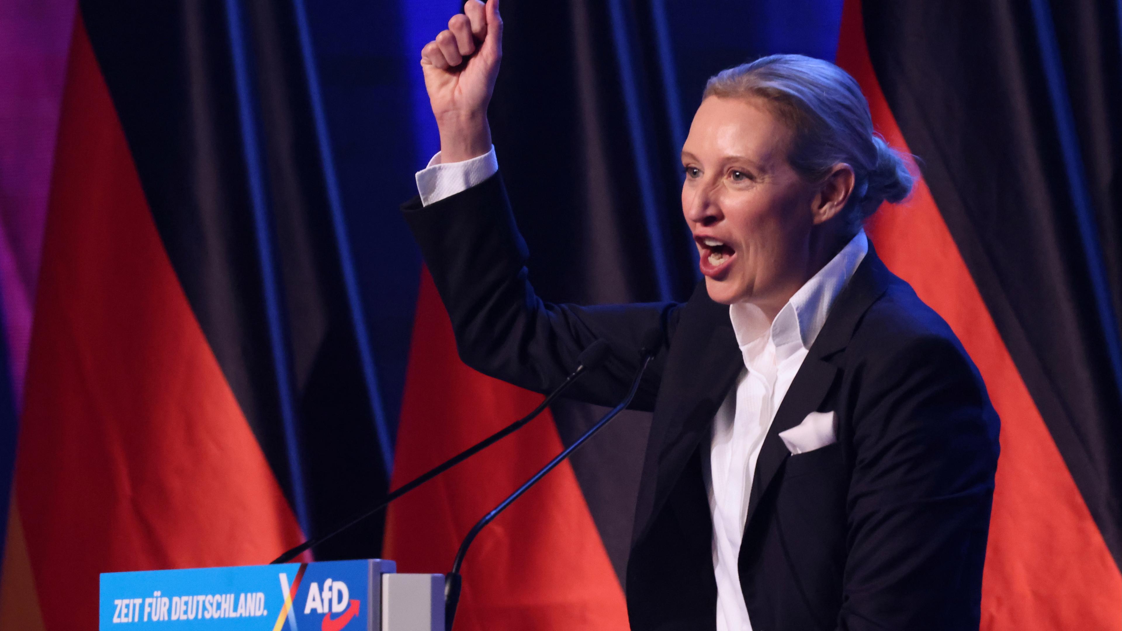 Alice Weidel delivers a speech during election campaign launch in Halle