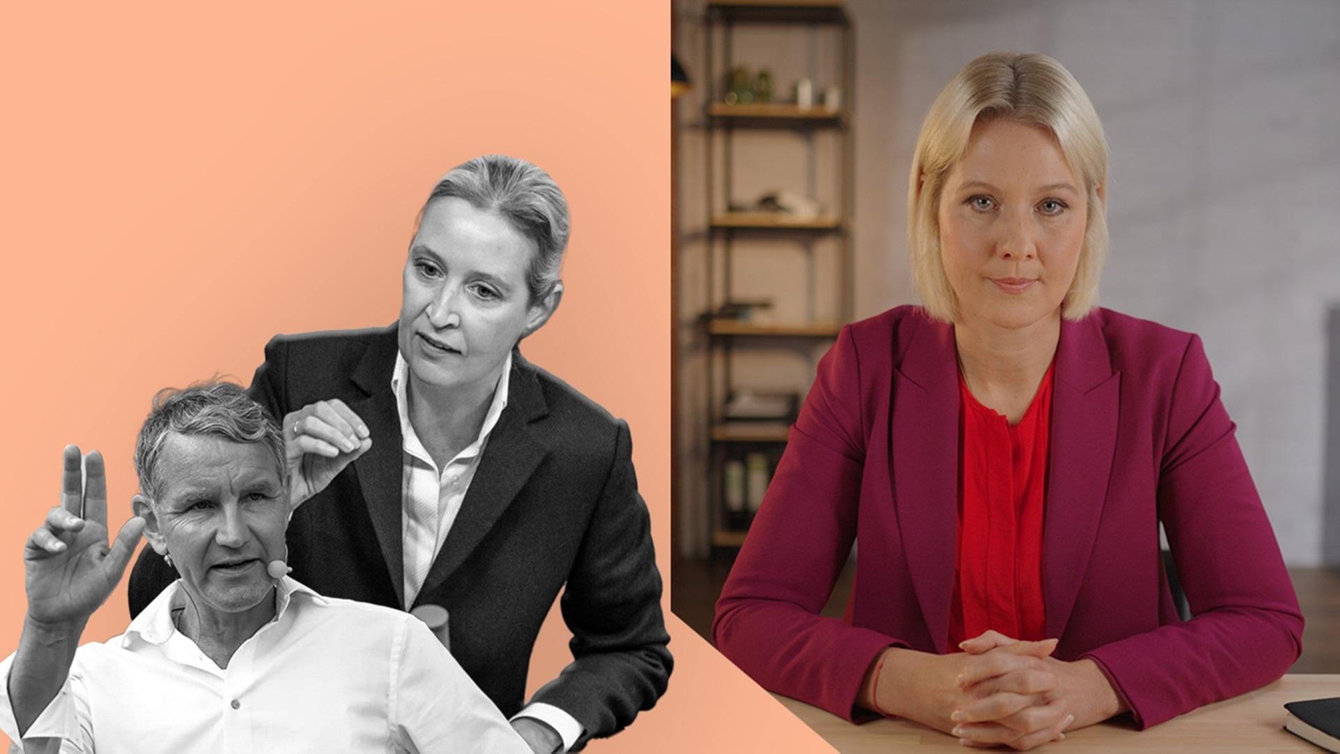 Alice Weidel und Björn Höcke links im Bild, ZDF-Korrespondentin Nicole Diekmann rechts im Bild