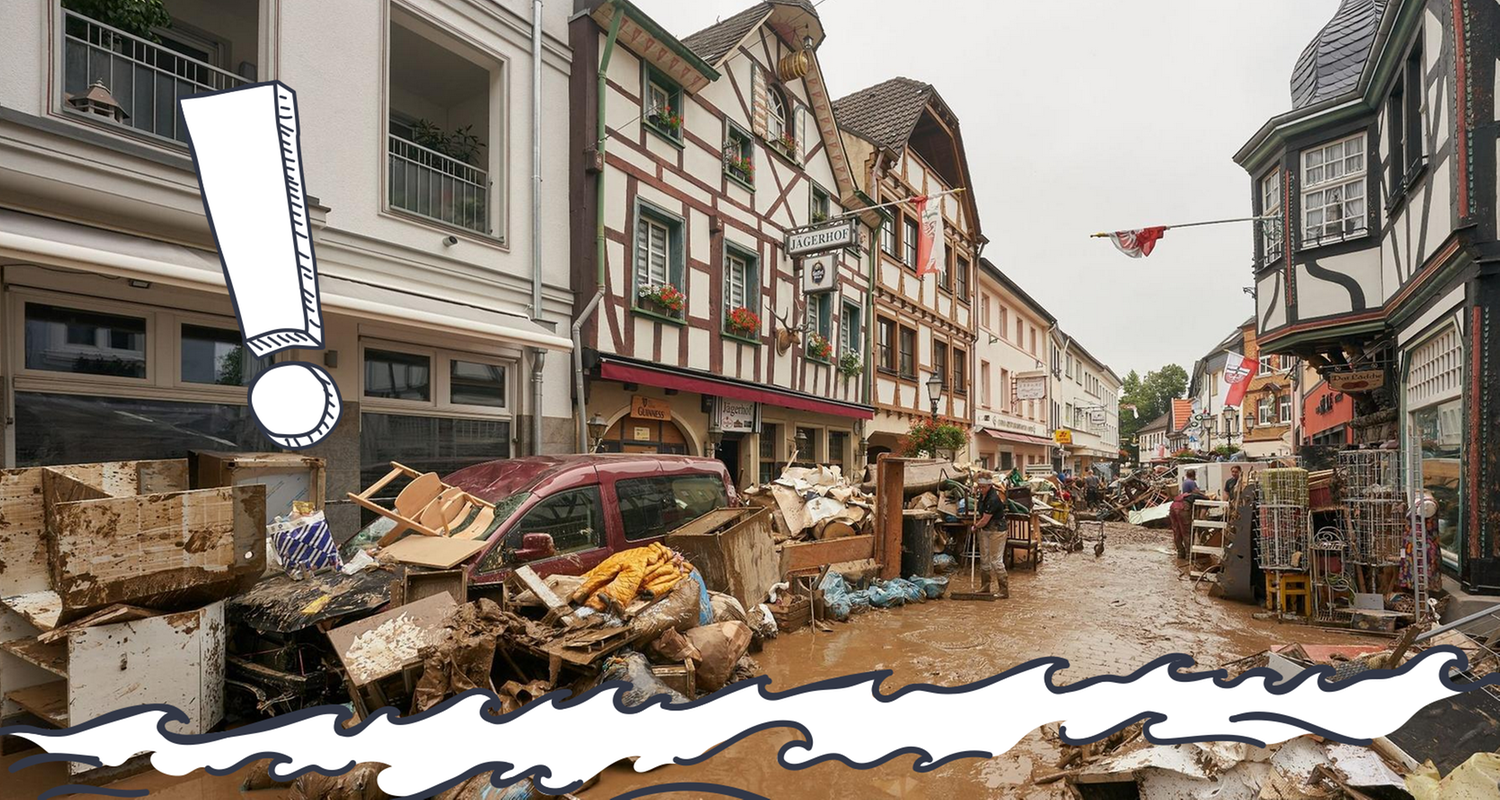 Überflutete Stadt im Ahrtal, Ausrufezeichen, zerstörte Häuser