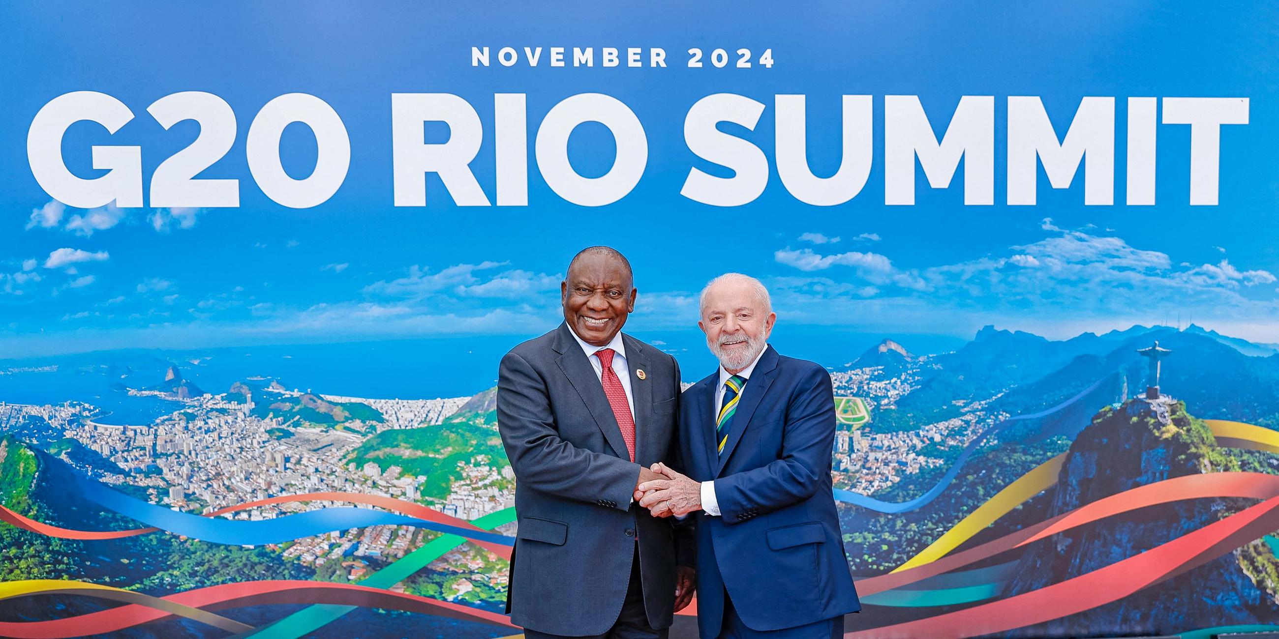 Brazil's President Lula greets South Africa's President Cyril Ramaphosa, at the G20 summit in Rio de Janeiro