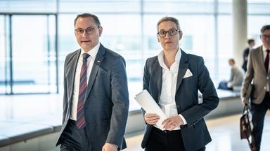 Alice Weidel et Tino Chrupalla font une déclaration à la presse avant la réunion du groupe parlementaire au Bundestag le 12 décembre 2023.