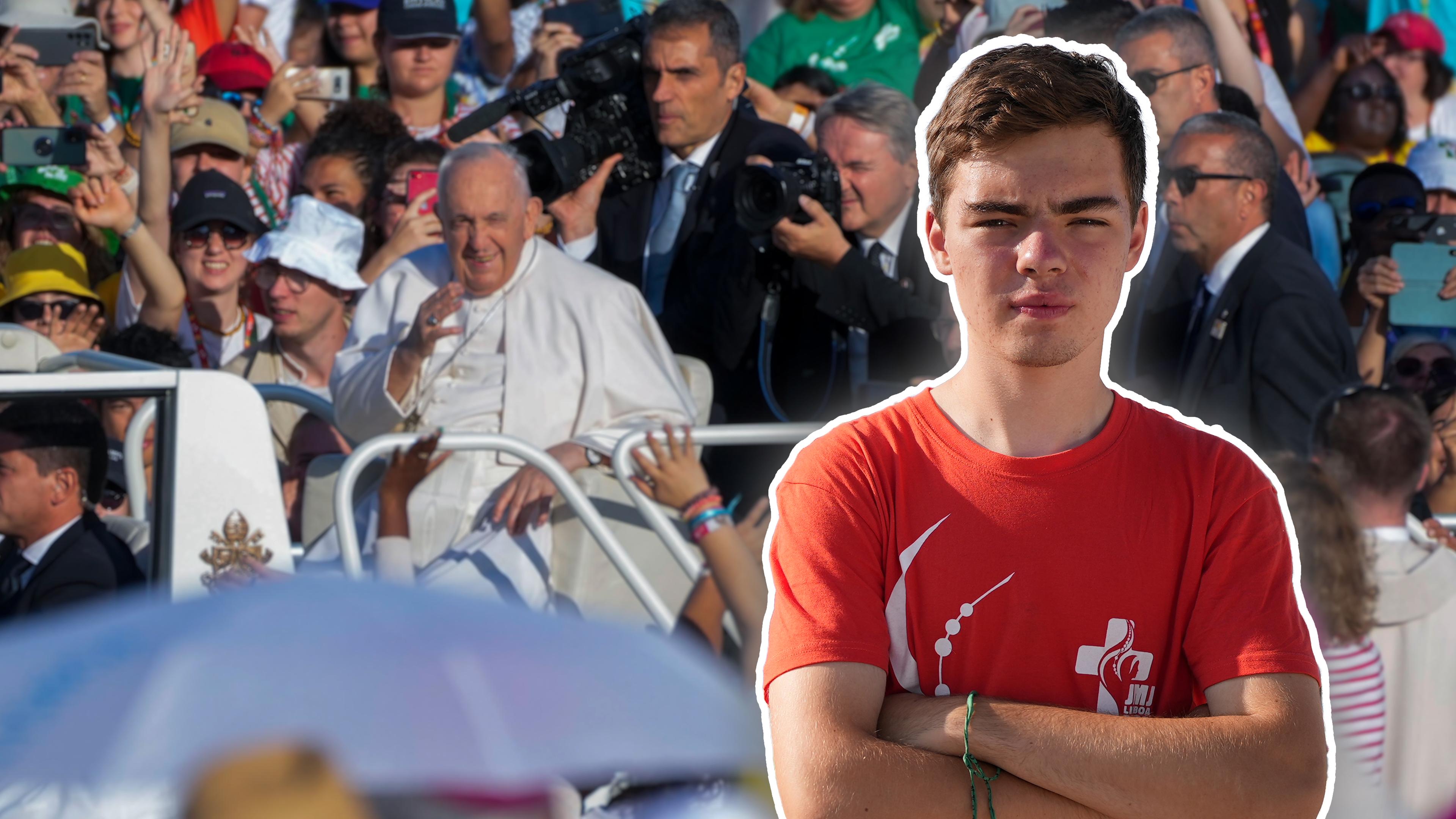 Fotomontage: Christian schaut mit verschränkten Armen und ernster Miene in die Kamera. Im Hintergrund Papst Franziskus umjubelt von der Menge.