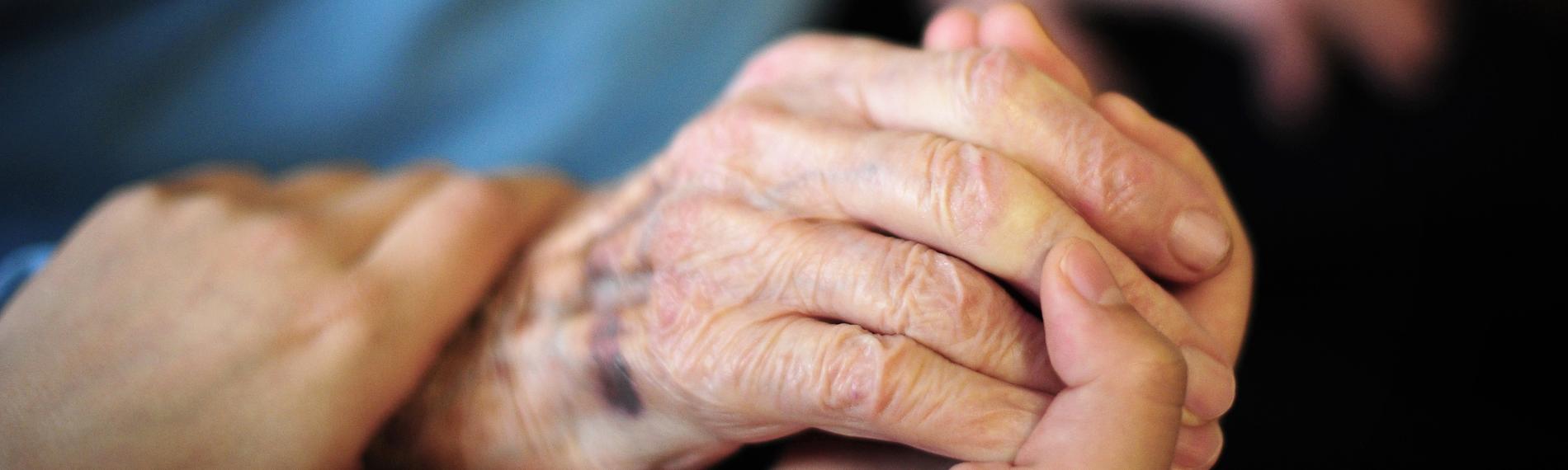 Eine Pflegekraft hält in einem Seniorenheim die Hand einer Bewohnerin, aufgenommen am 23.01.2014