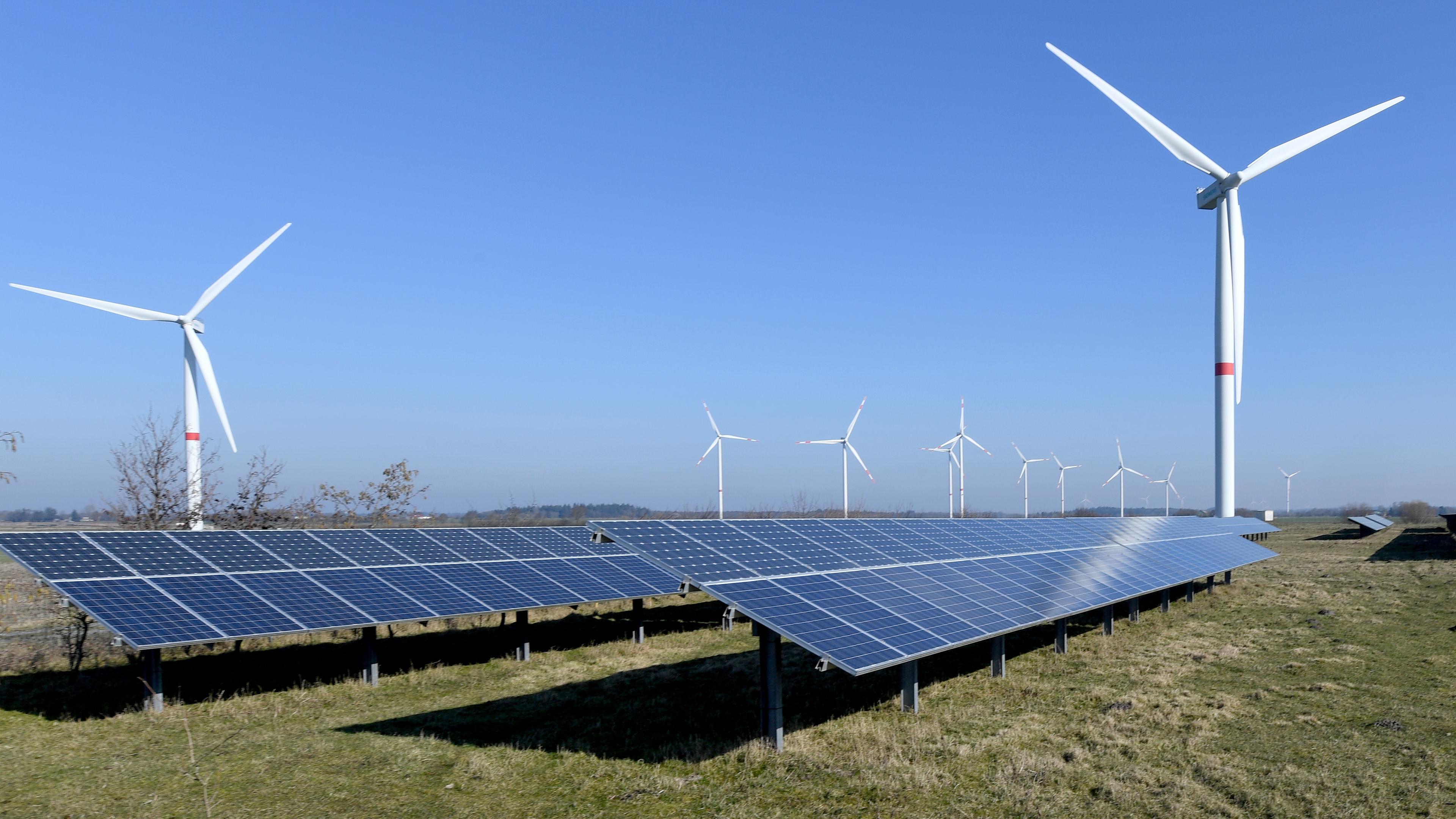 Windkraftanlagen stehen hinter einer Solarstrom-Freiflächenanlage im Solarpark Klixbuell (Schleswig-Holstein), aufgenommen am 7.02.2019