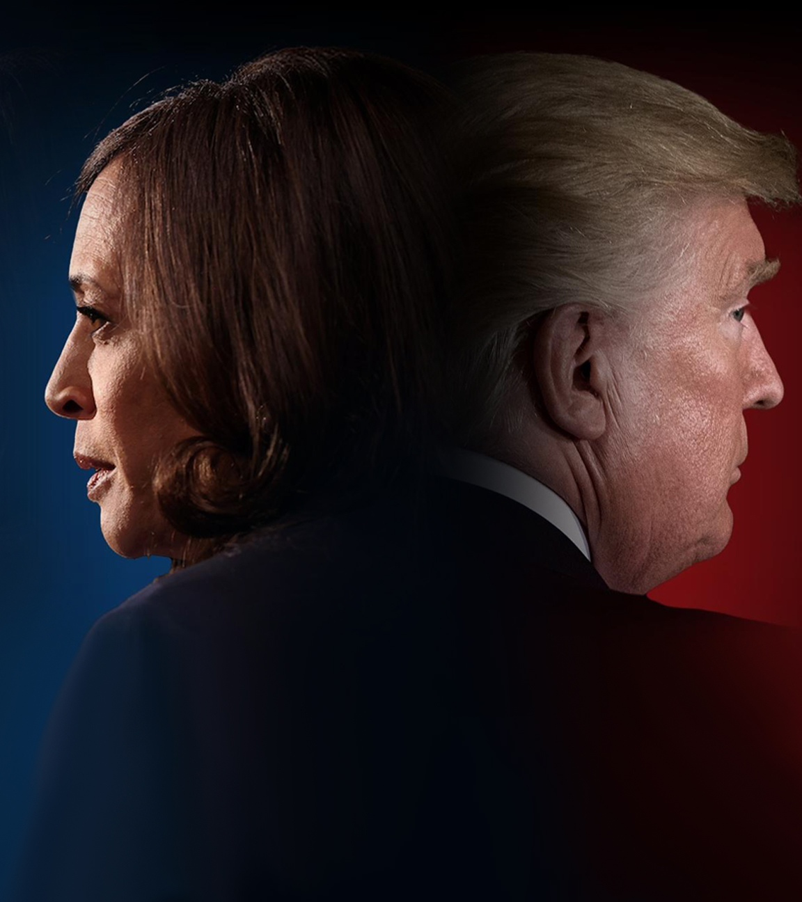 Bildmontage von Porträtfotos von Kamala Harris und Donald Trump im Profil, Rücken an Rücken, jeweils voneinander weg zur Seite aus dem Bild blickend.