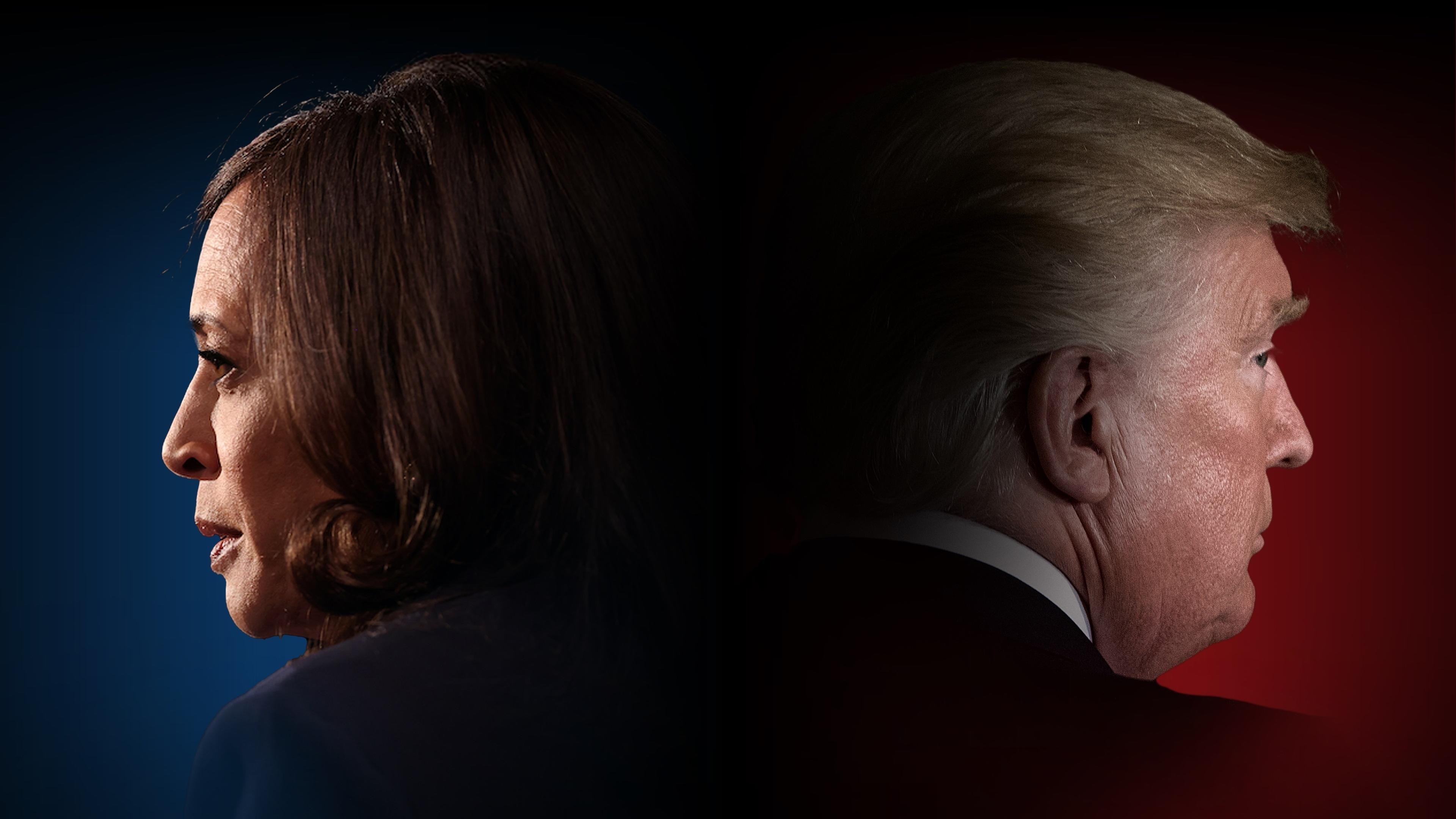 Bildmontage von Porträtfotos von Kamala Harris und Donald Trump im Profil, Rücken an Rücken, jeweils voneinander weg zur Seite aus dem Bild blickend.