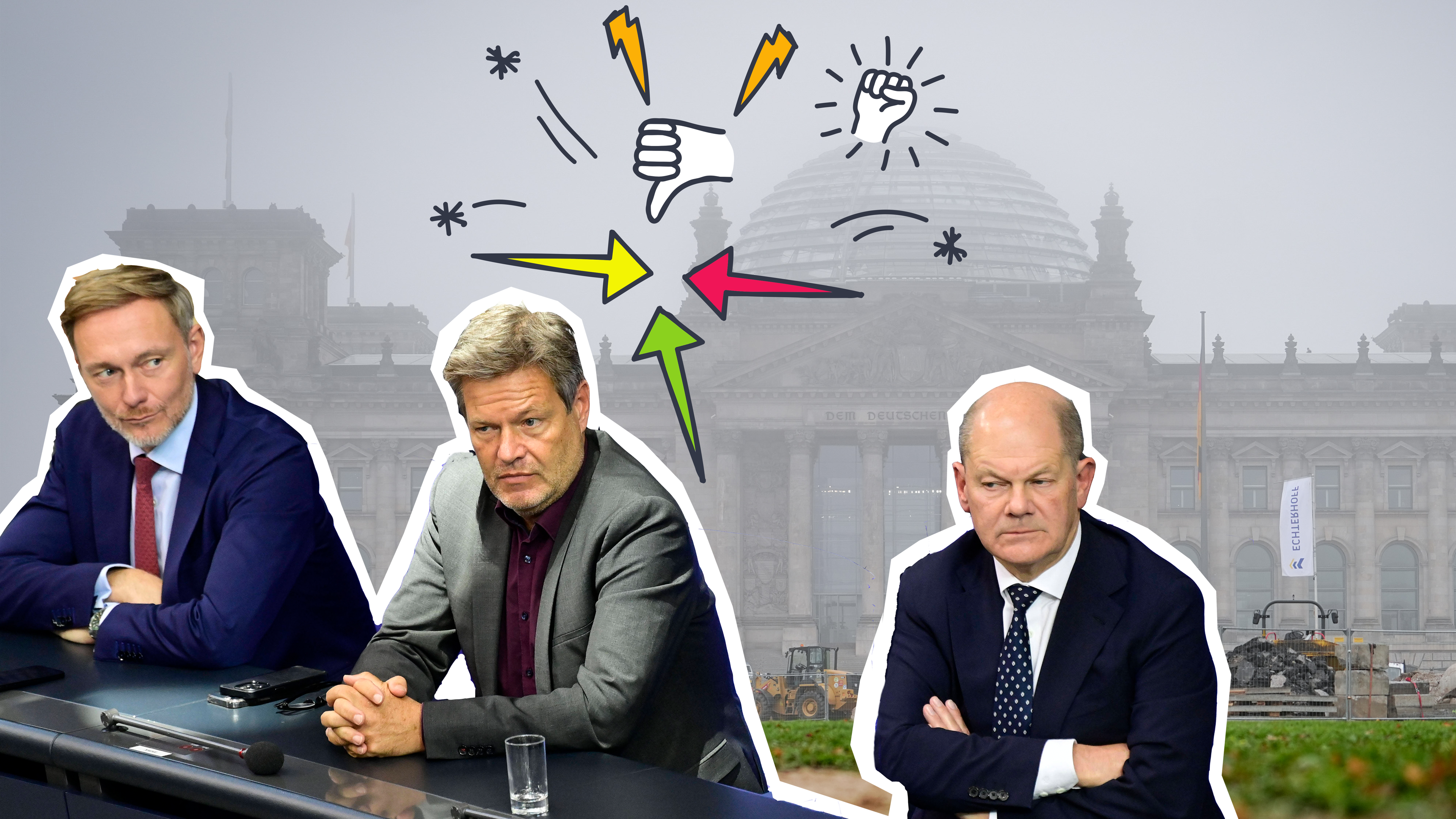 Im Hintergrund vernebelter Bundestag, davor Christian Lindner, Robert Habeck und Olaf Scholz in miesepetriger Stimmung, darüber Grafik mit Streit.