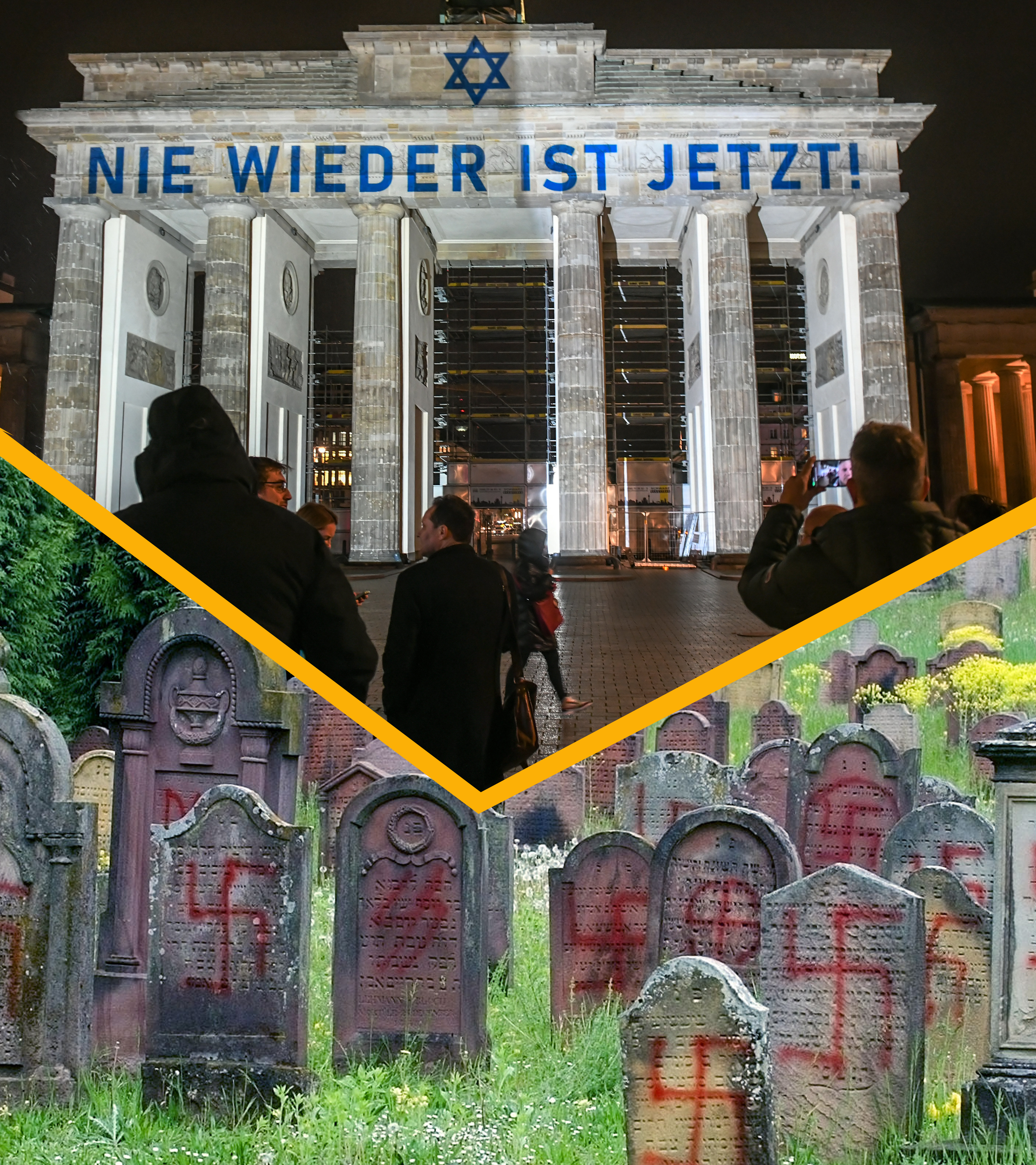 Schriftzug "Nie wieder ist jetzt!" auf dem Brandenburger Tor und ein mit Hakenkreuzen beschmierter jüdischer Friedhof.