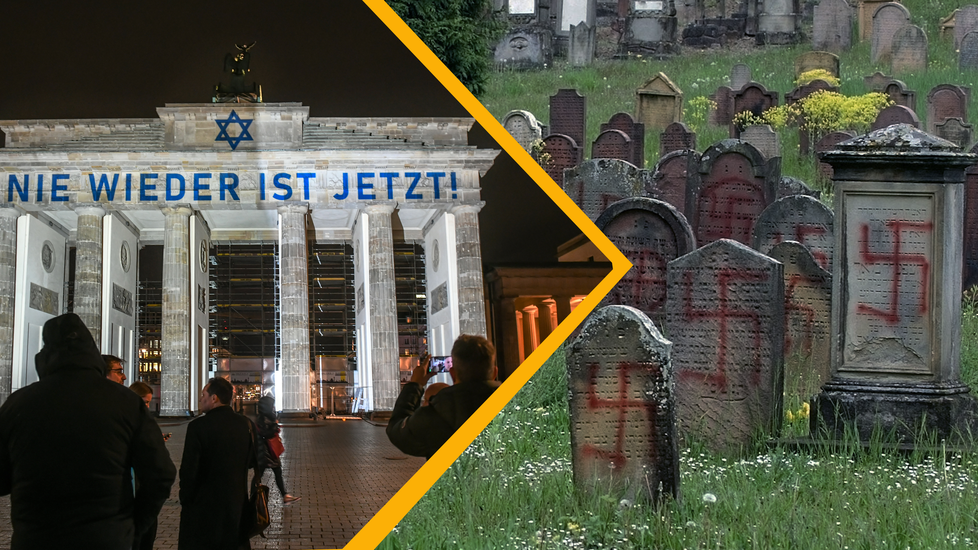 Schriftzug "Nie wieder ist jetzt!" auf dem Brandenburger Tor und ein mit Hakenkreuzen beschmierter jüdischer Friedhof.