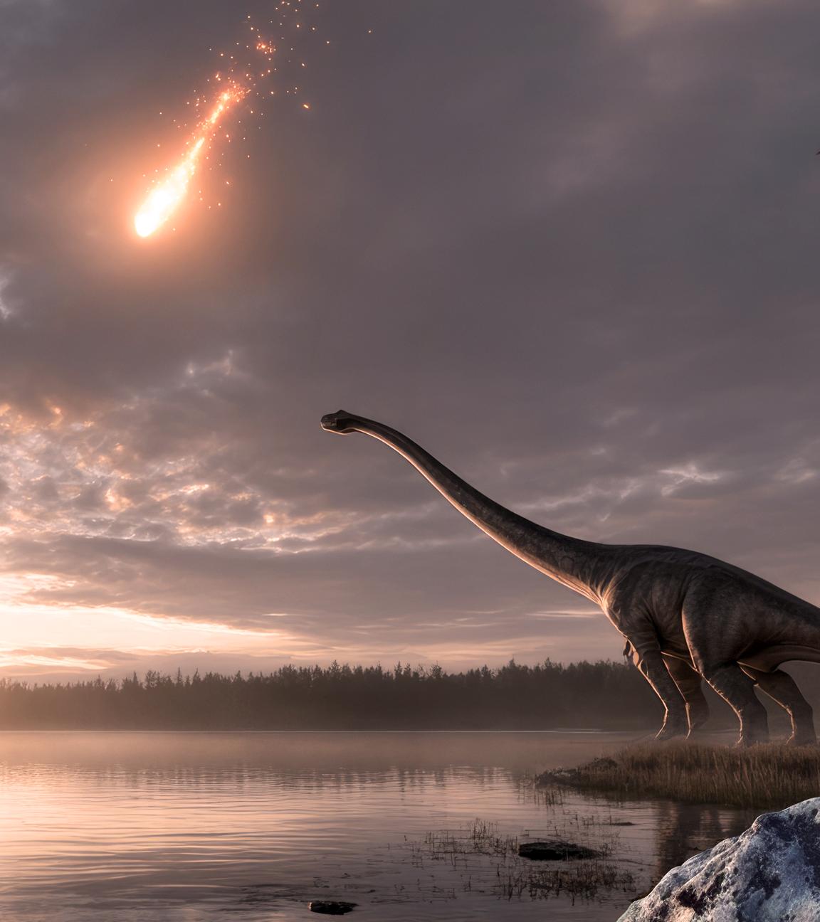 Ein riesiger Meteor stürzt auf die Erde. Rechts im Bild beobachten ein Dinosaurier und ein kleines Säugetier die Situation.