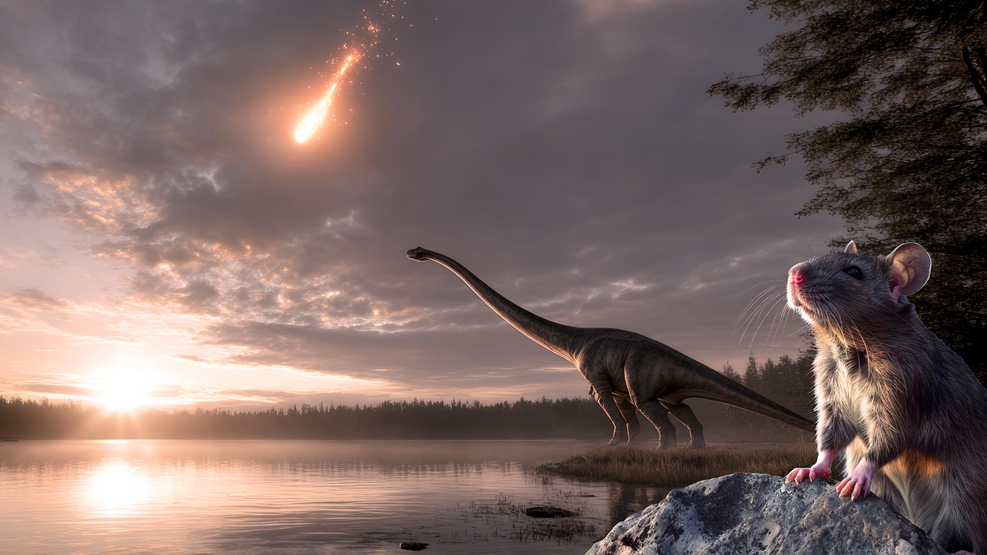 Ein riesiger Meteor stürzt auf die Erde. Rechts im Bild beobachten ein Dinosaurier und ein kleines Säugetier die Situation.