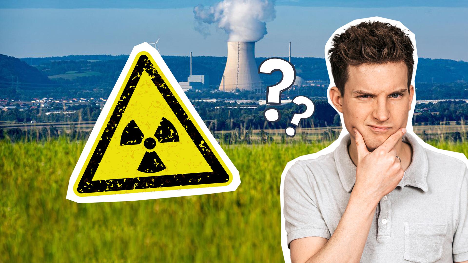 Titelbild für das Video zum Thema Atomkraft ja oder nein: ein Atomkraftwerk im Hintergrund und Tim Schreder mit skeptischem Blick im Vordergrund, neben ihm das Symbol für Radioaktivität.