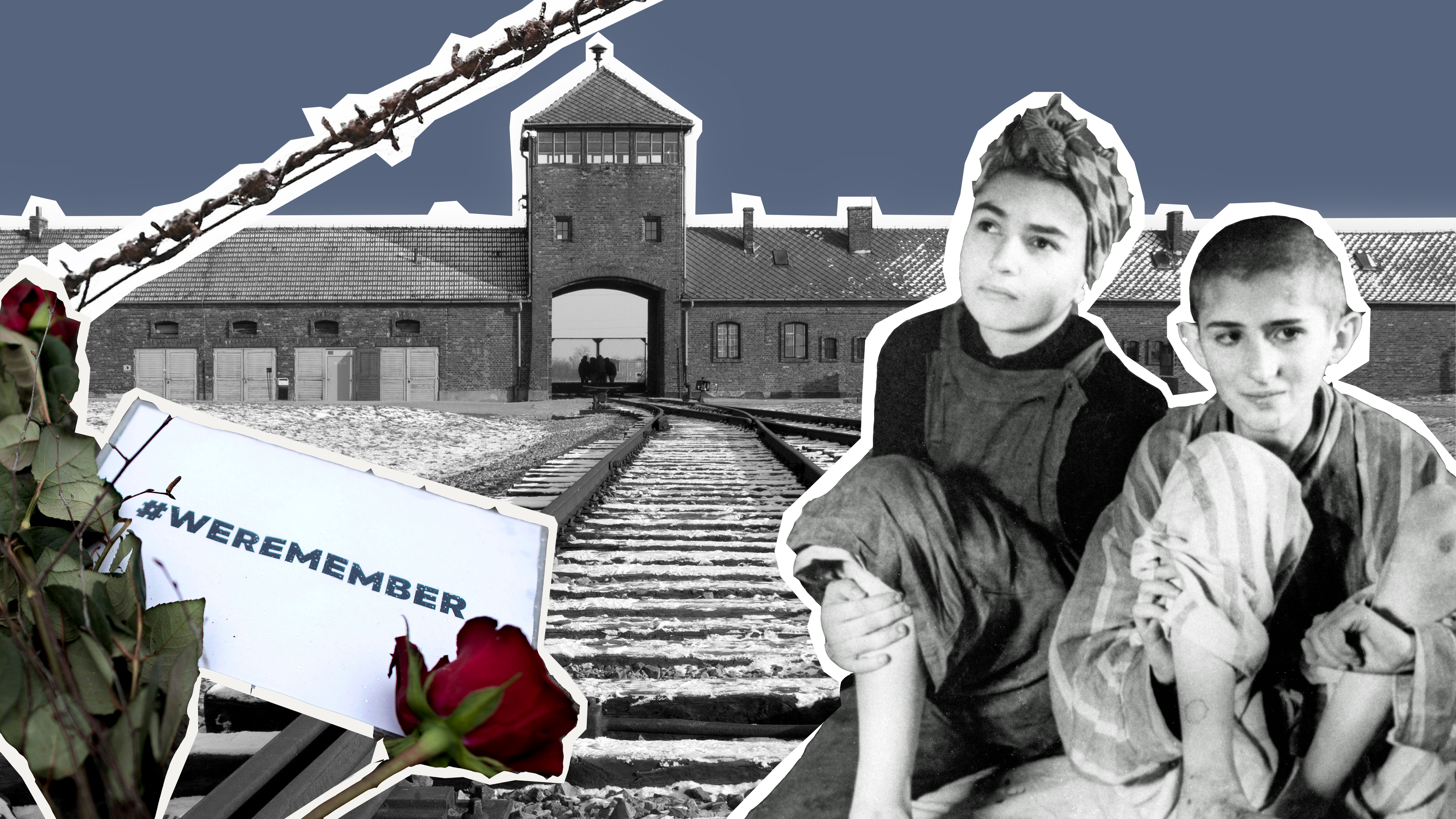 Ein Bild von der Zugstrecke nach Auschwitz, zwei überlebende Kinder, ein Gedenkplakat.