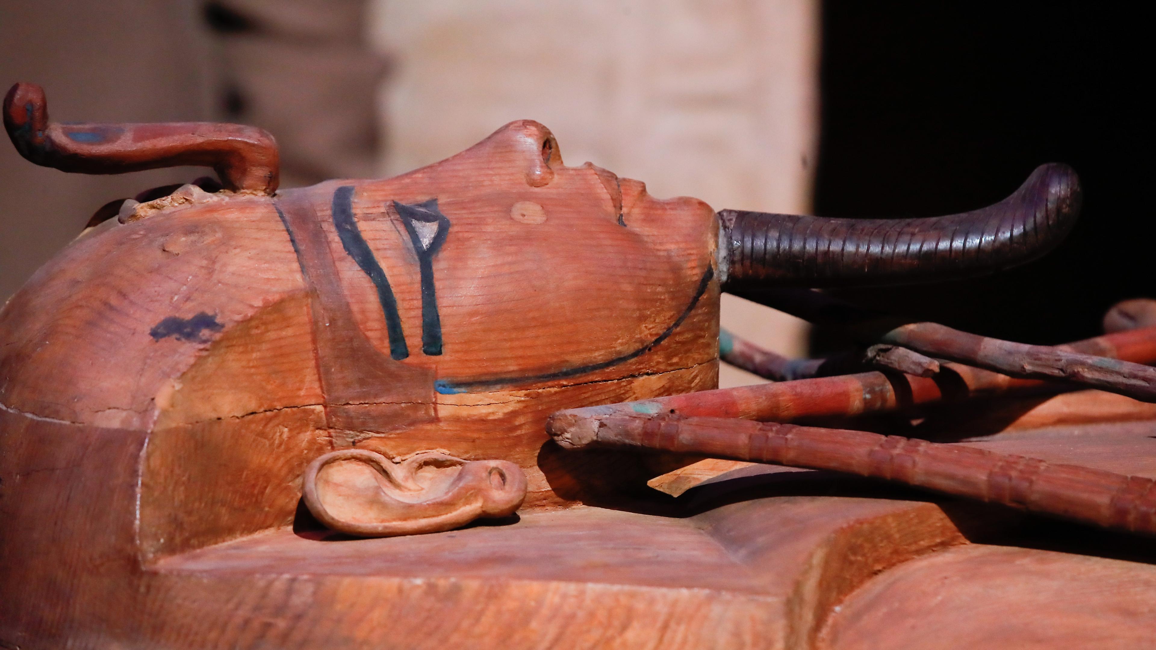 The coffin of the Egyptian pharaoh Ramses II on display at the 'Ramses - The Gold of the Pharaohs exhibition during a press preview at the Villete in Paris, France, 03 April 2023.