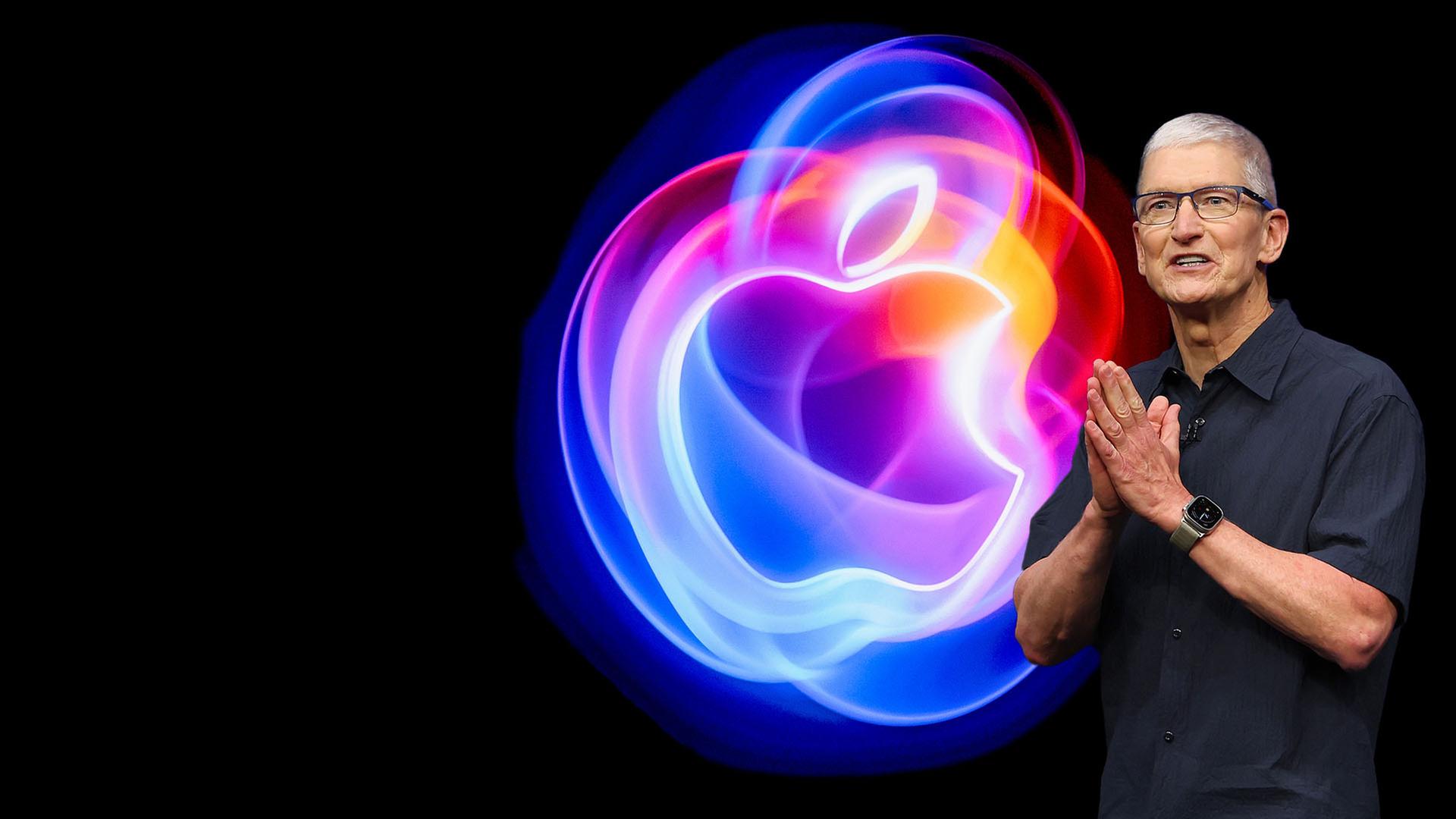 Apple CEO Tim Cook vor schwarzem Huintergrund und buntem Apple-Symbol 