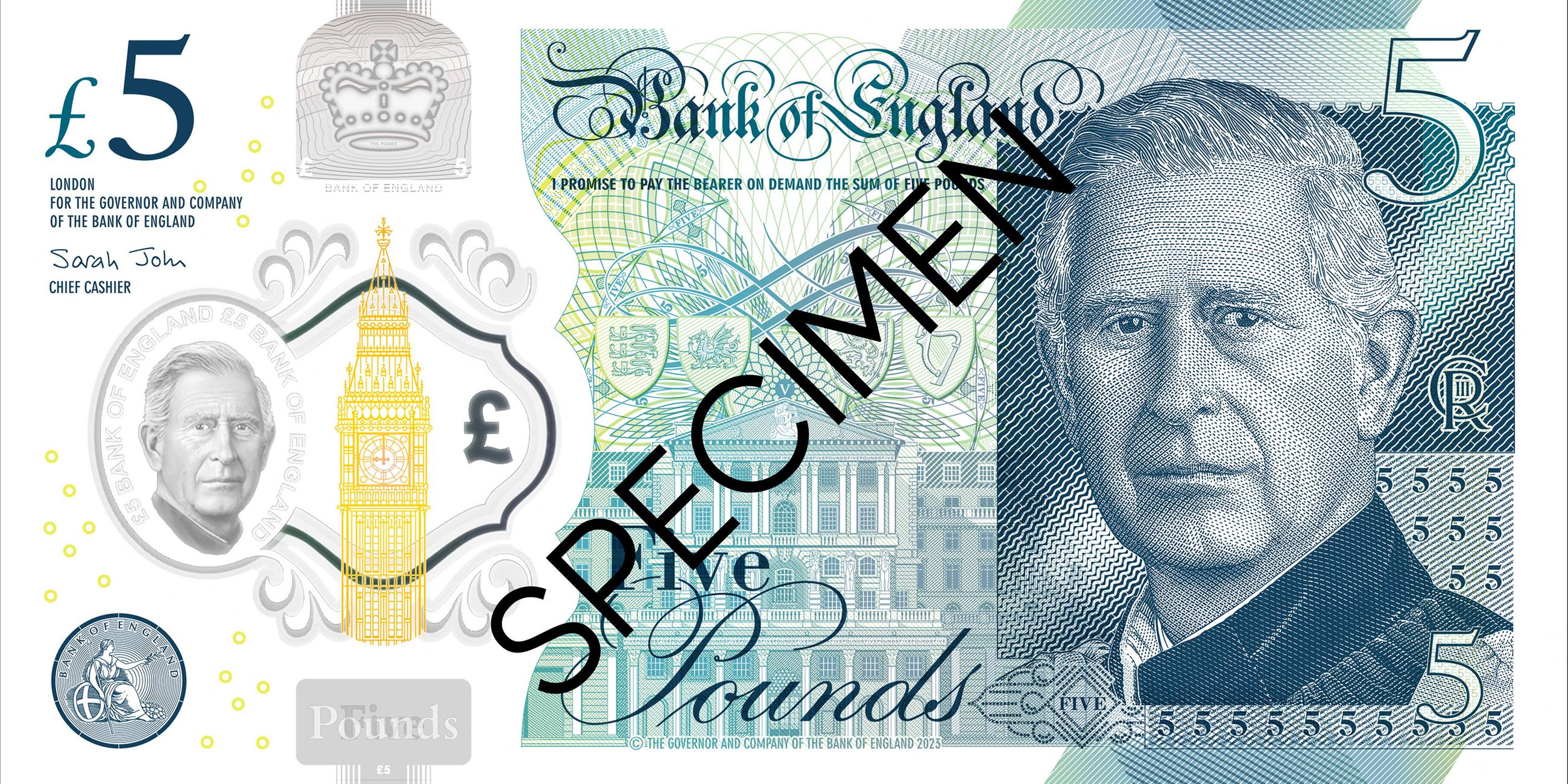 Ein Musterfoto der neuen 5-Pfund-Note von King Charles III, die von der Bank of England herausgegeben wurde.