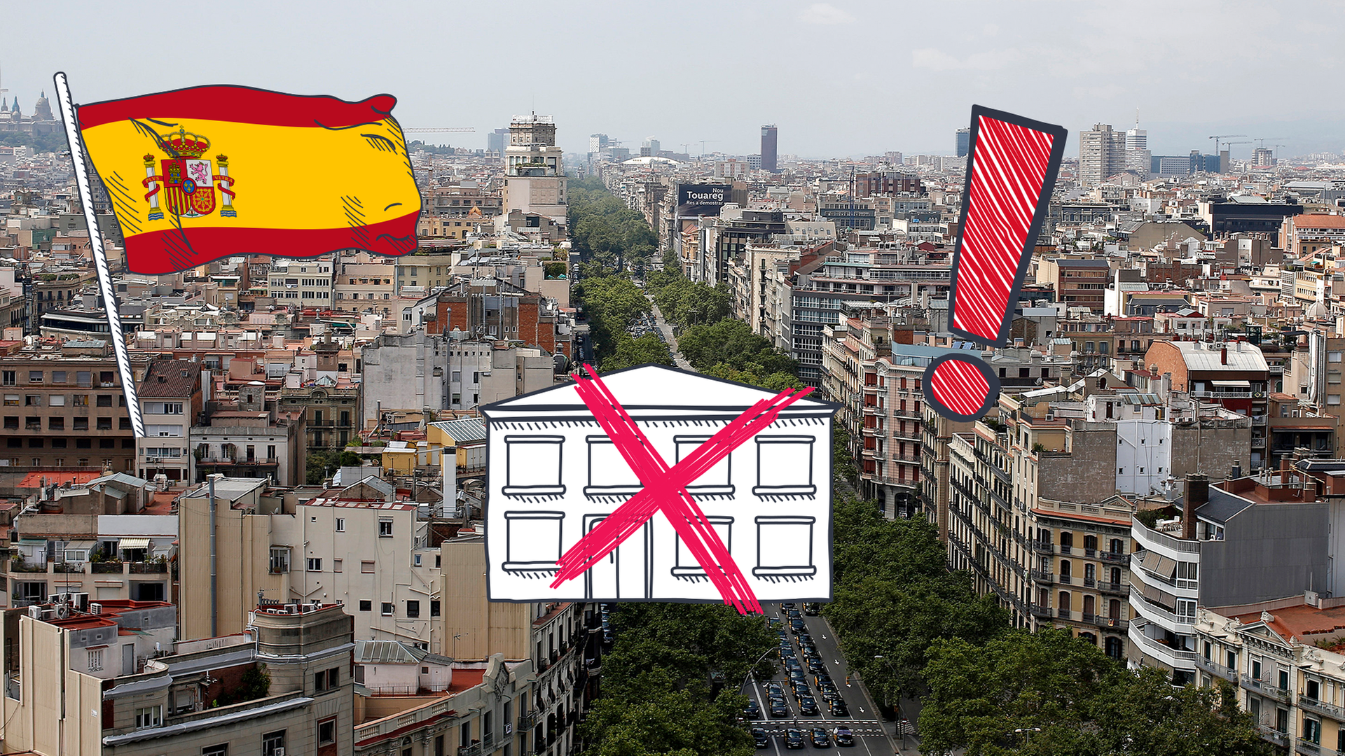 Stadtansicht Barcelona im Hintergrund, davor spanische Flagge, durchgestrichene Ferienwohnung und Ausrufezeichen