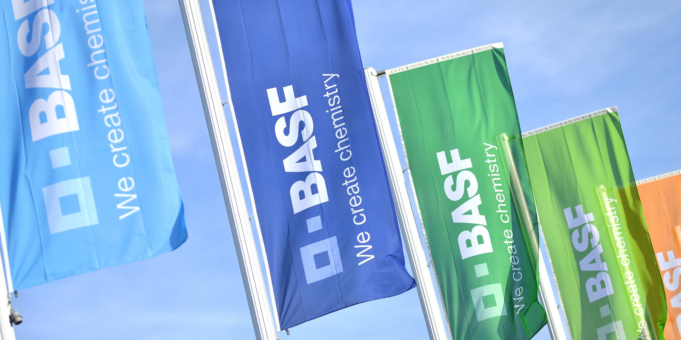 Bunte fahnen mit der aufschrift "BASF" wehen im Wind. Ludwigshafen, Deutschland.