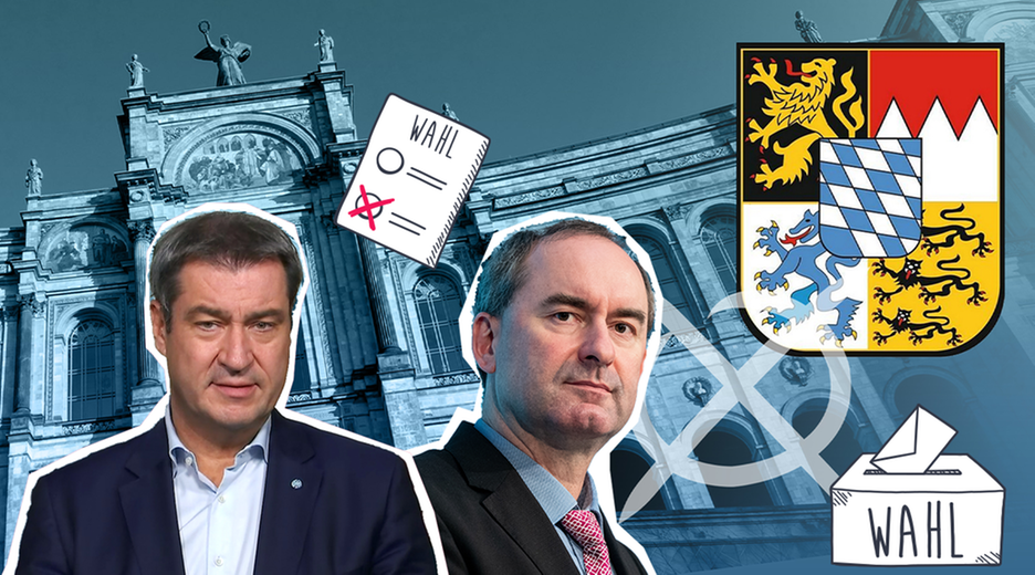 Markus Söder und Hubert Aiwanger vor bayerischem Landtag, Wappen und Wahl-Grafiken