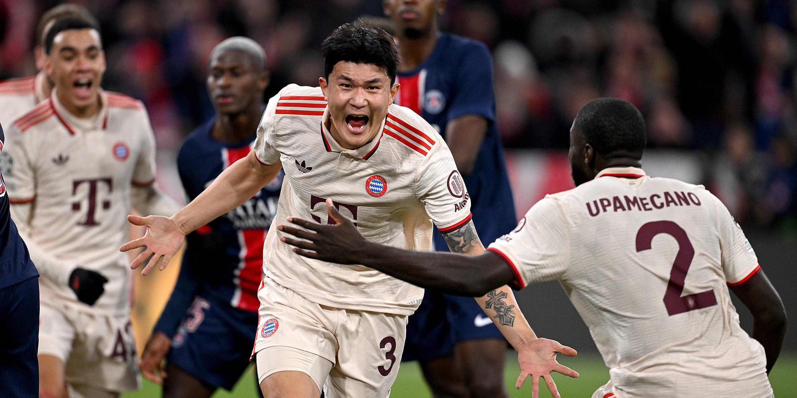 Champions League, FC Bayern München - Paris Saint-Germain: Min-Jae Kim bejubelt sein Tor mit mit Dayot Upamecano