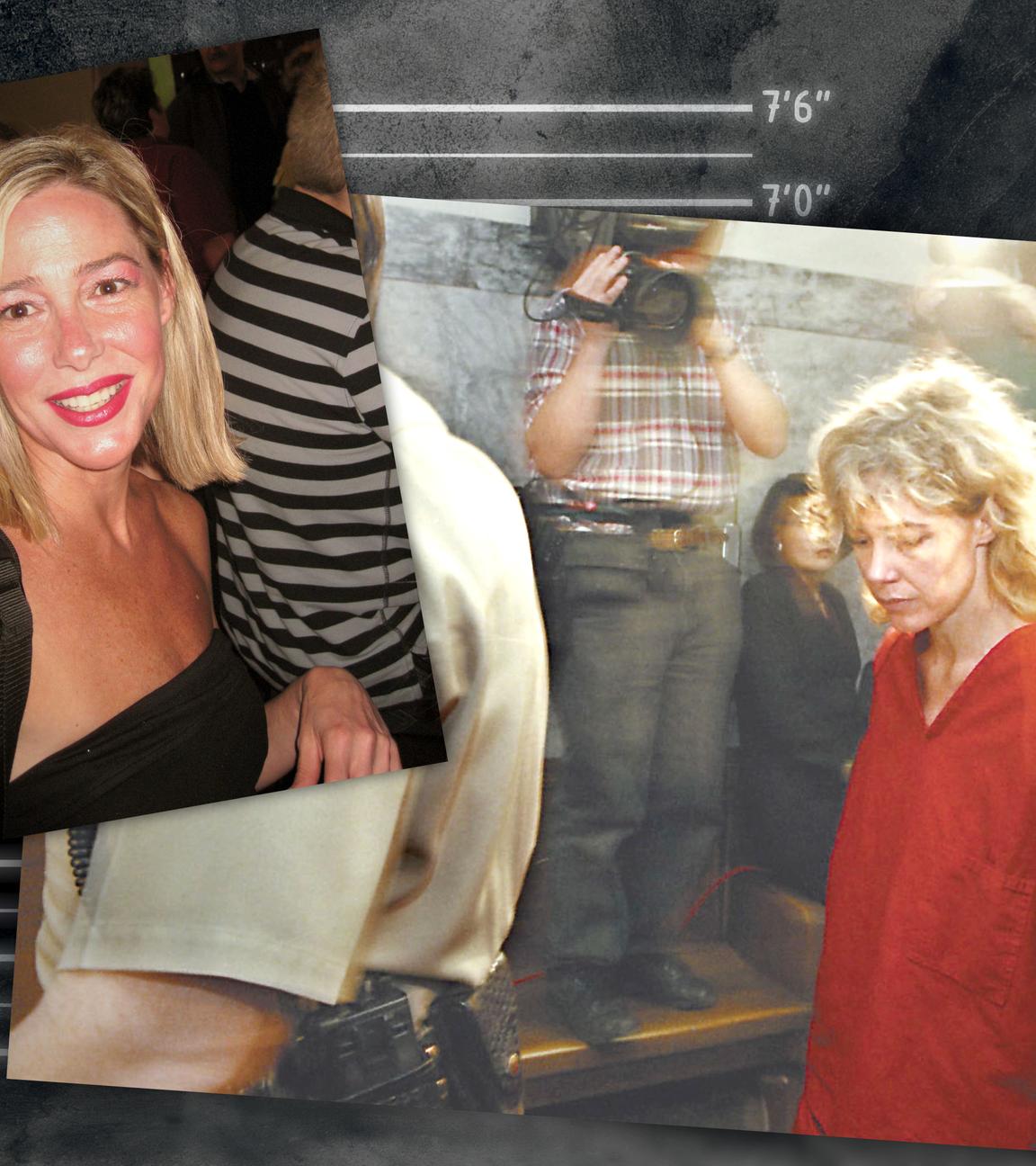 Montage zweier Fotos neben graphischen Elementen: Ein Foto zeigt Mary Kay auf dem Weg ins Gericht 1998, das andere Foto zeigt sie auf einer Party 2009.
