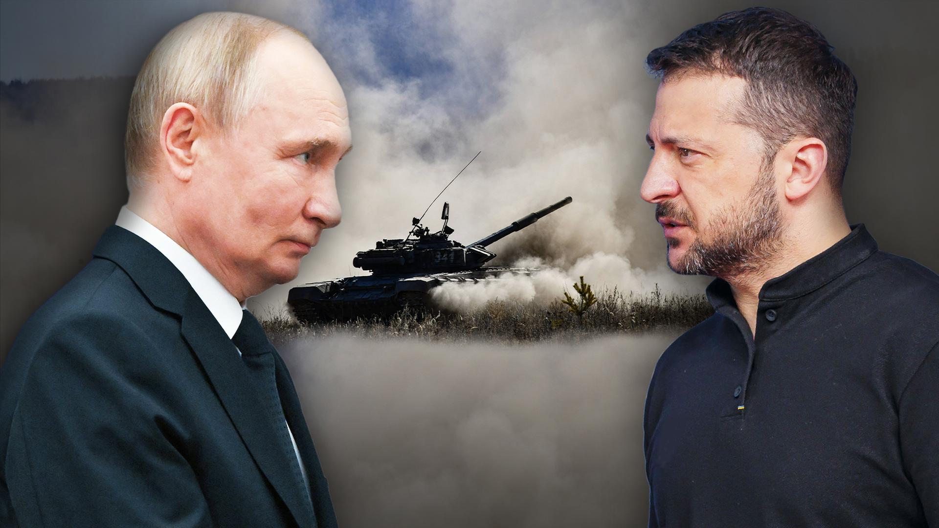 Putin blickt Selenskyj an, Panzer im Hinergrund