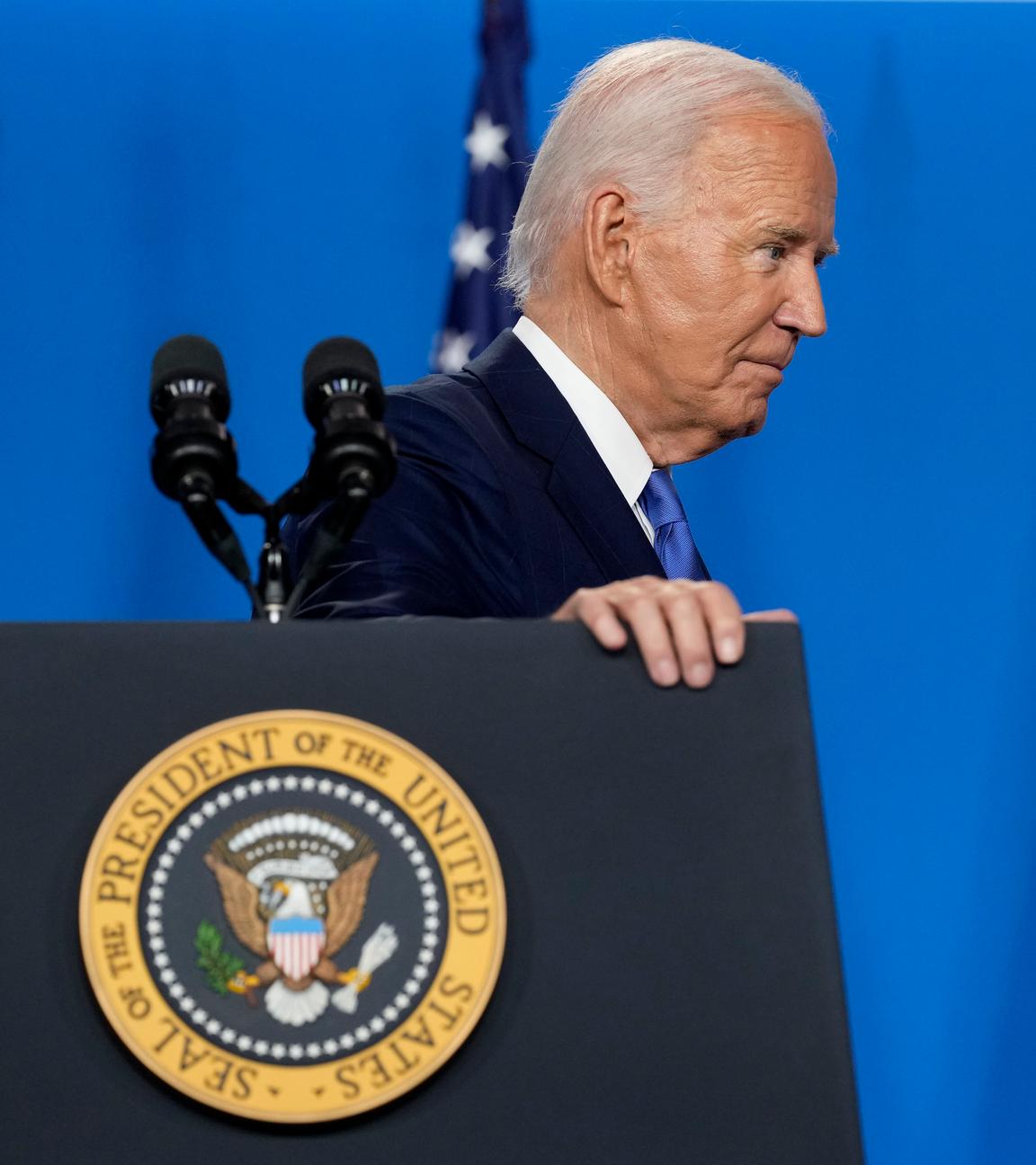 President Joe Biden departs after speaking at a news conference following the NATO Summit in Washington, Thursday, July 11, 2024.
