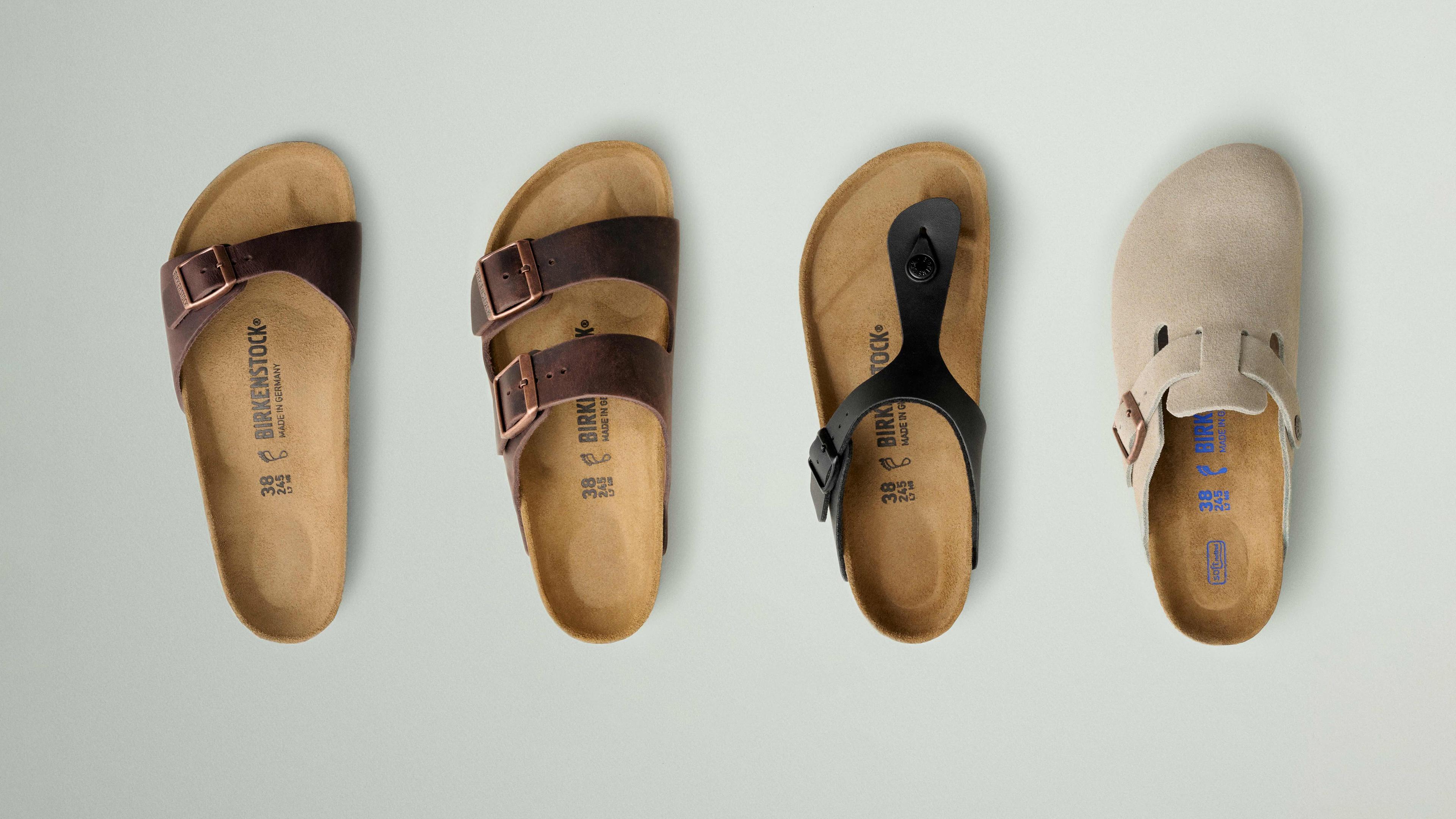 Birkenstock-Sandalenmodelle (l-r) Madrid, Arizona, Gizeh und Boston.