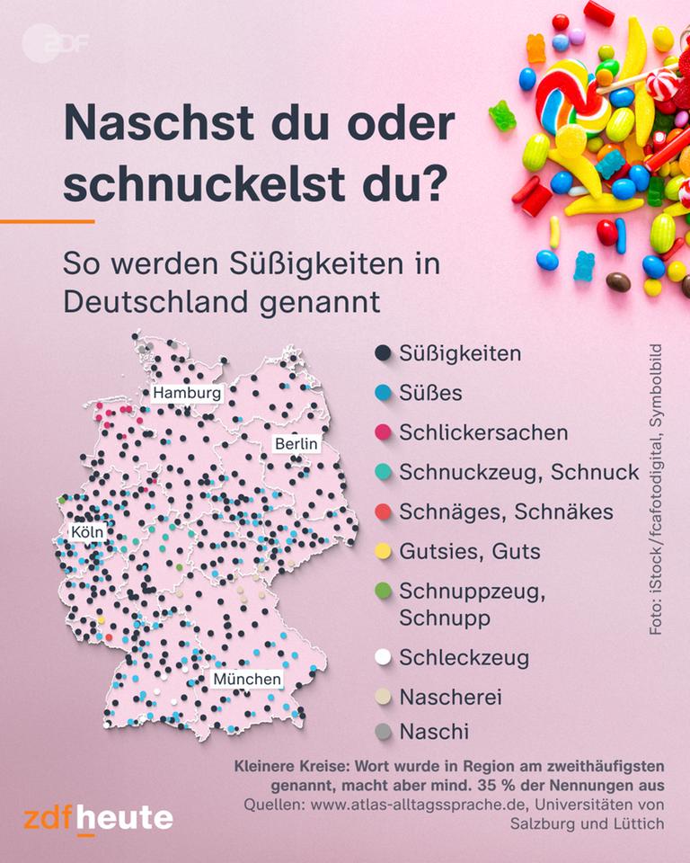 Eine Deutschlandkarte anhand der gezeigt wird, wie Süßigkeiten in verschiedenen Teilen Deutschlands heißen.