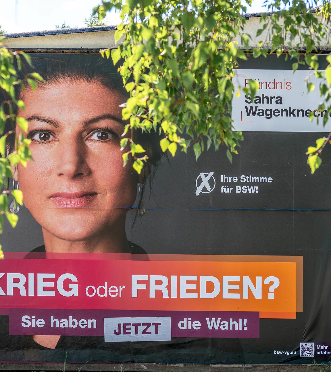 Wahlplakat BSW mit Schriftzug "Krieg oder Frieden?" zur Europawahl