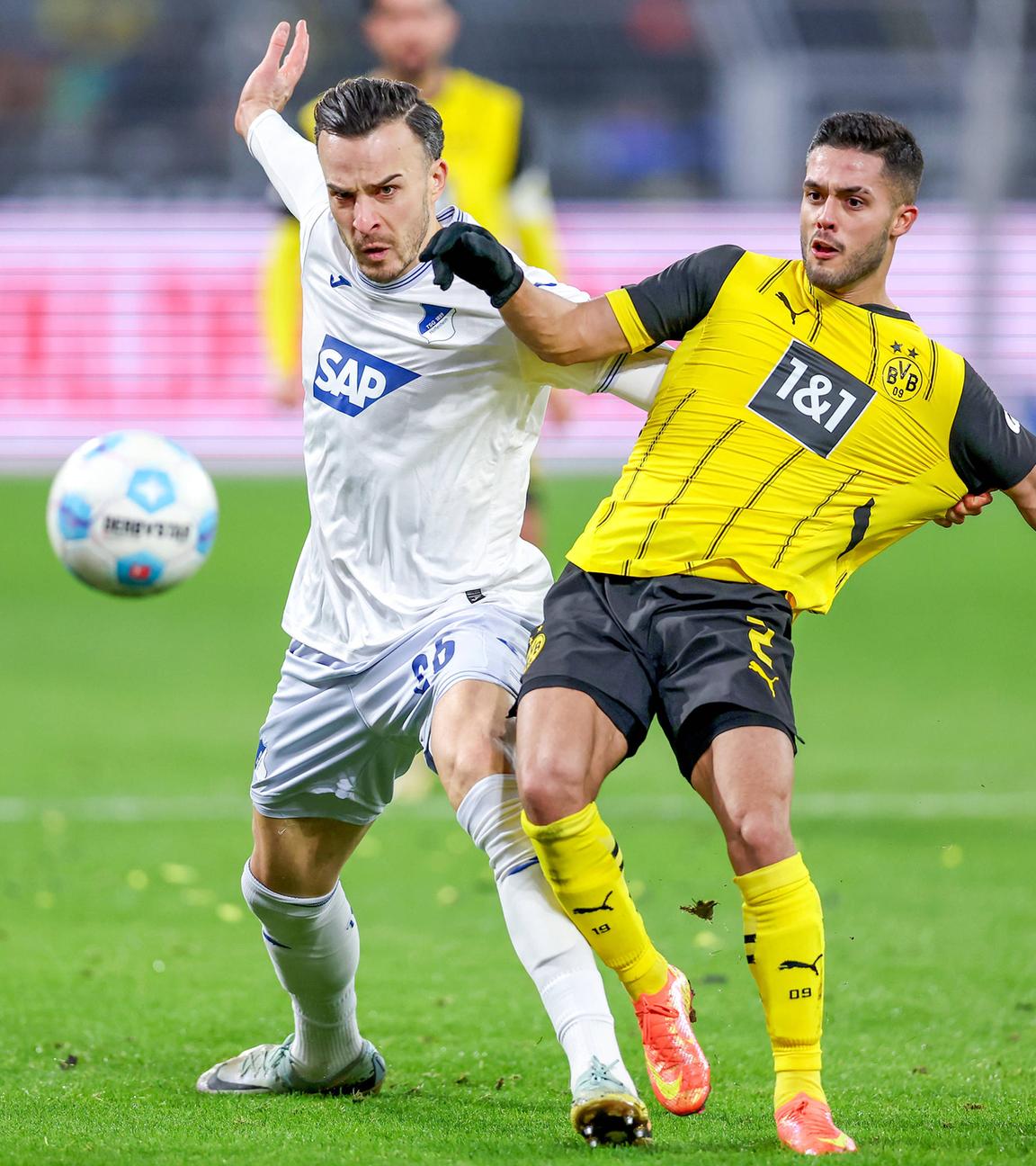 Hoffenheims Haris Tabakovic im Zweikampf gegen Yan Couto von Borussia Dortmund.