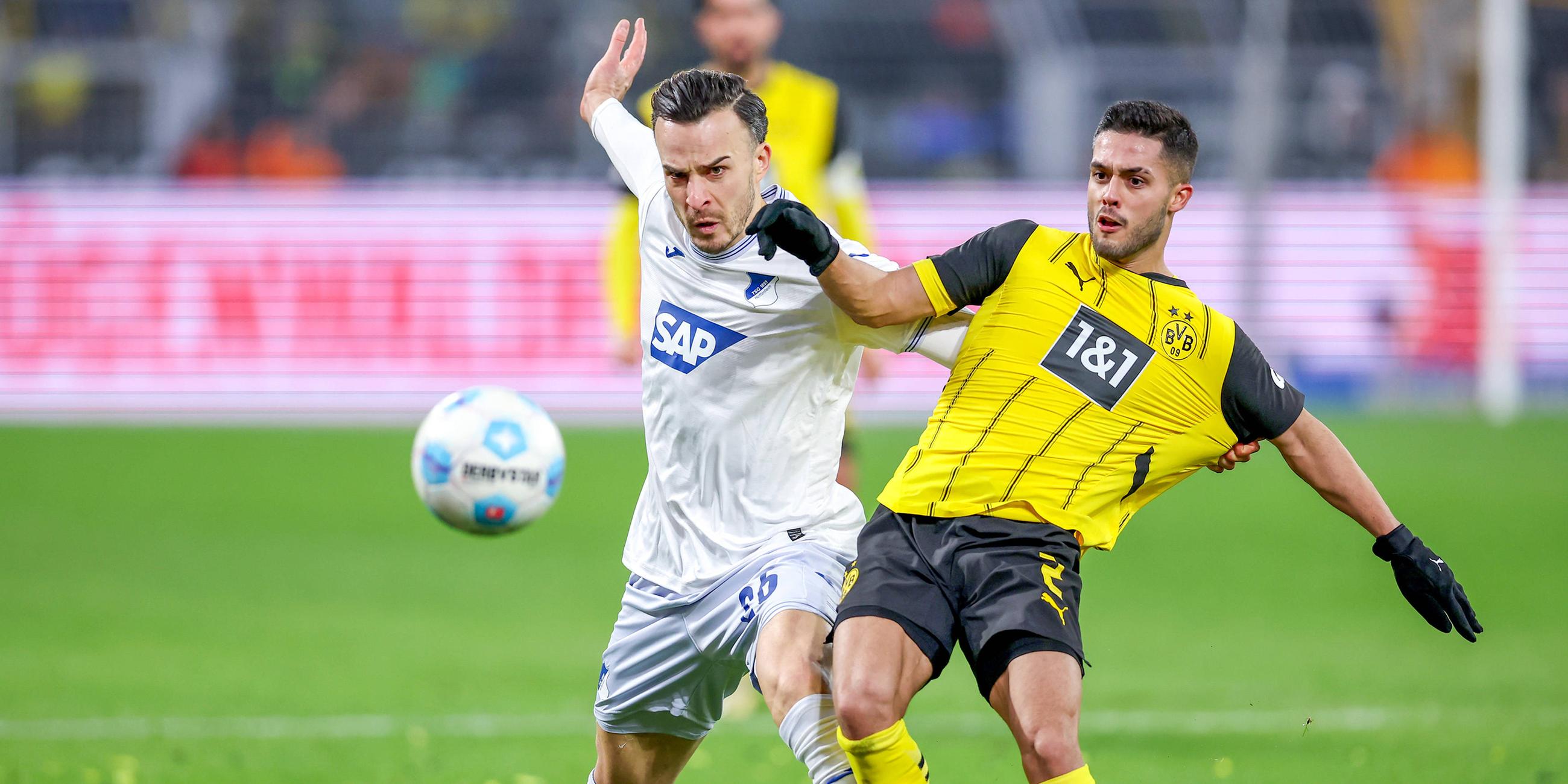 Hoffenheims Haris Tabakovic im Zweikampf gegen Yan Couto von Borussia Dortmund.